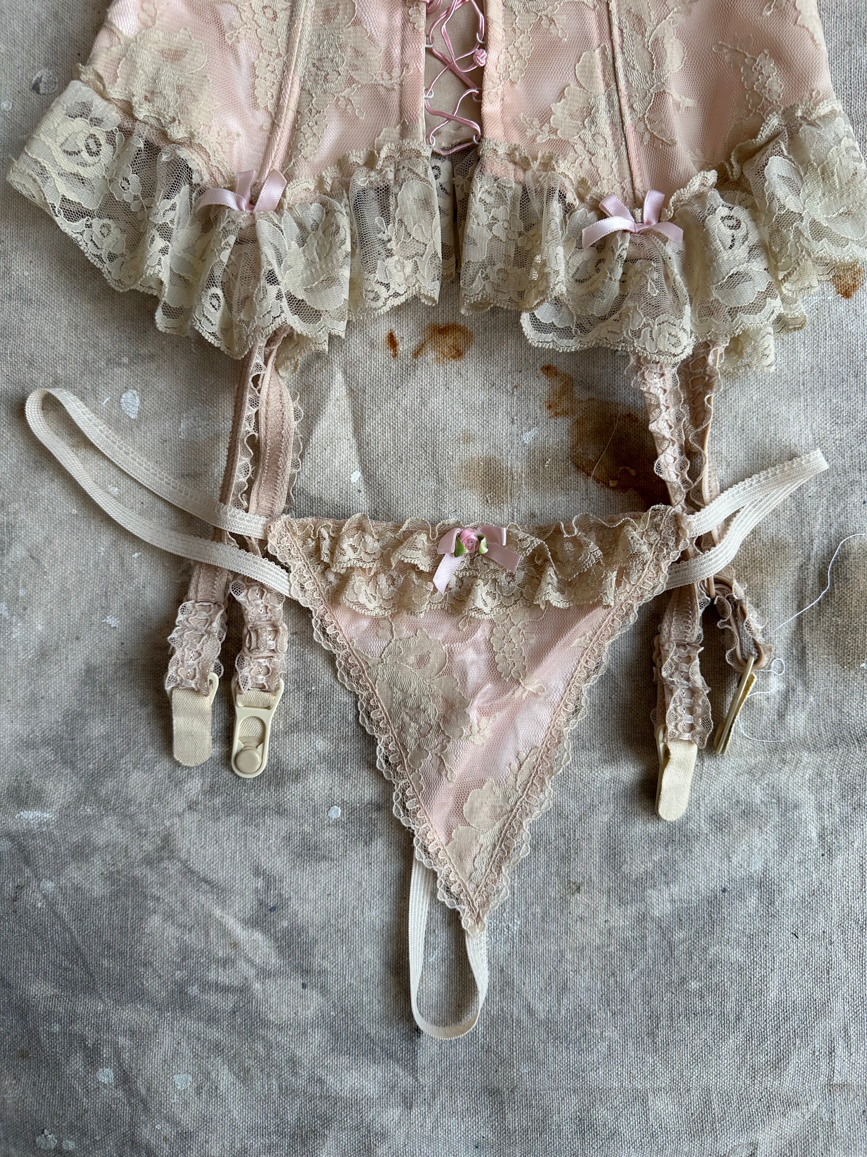 1980’s Emil Bole Pink Lace Trim Corset Set (M)