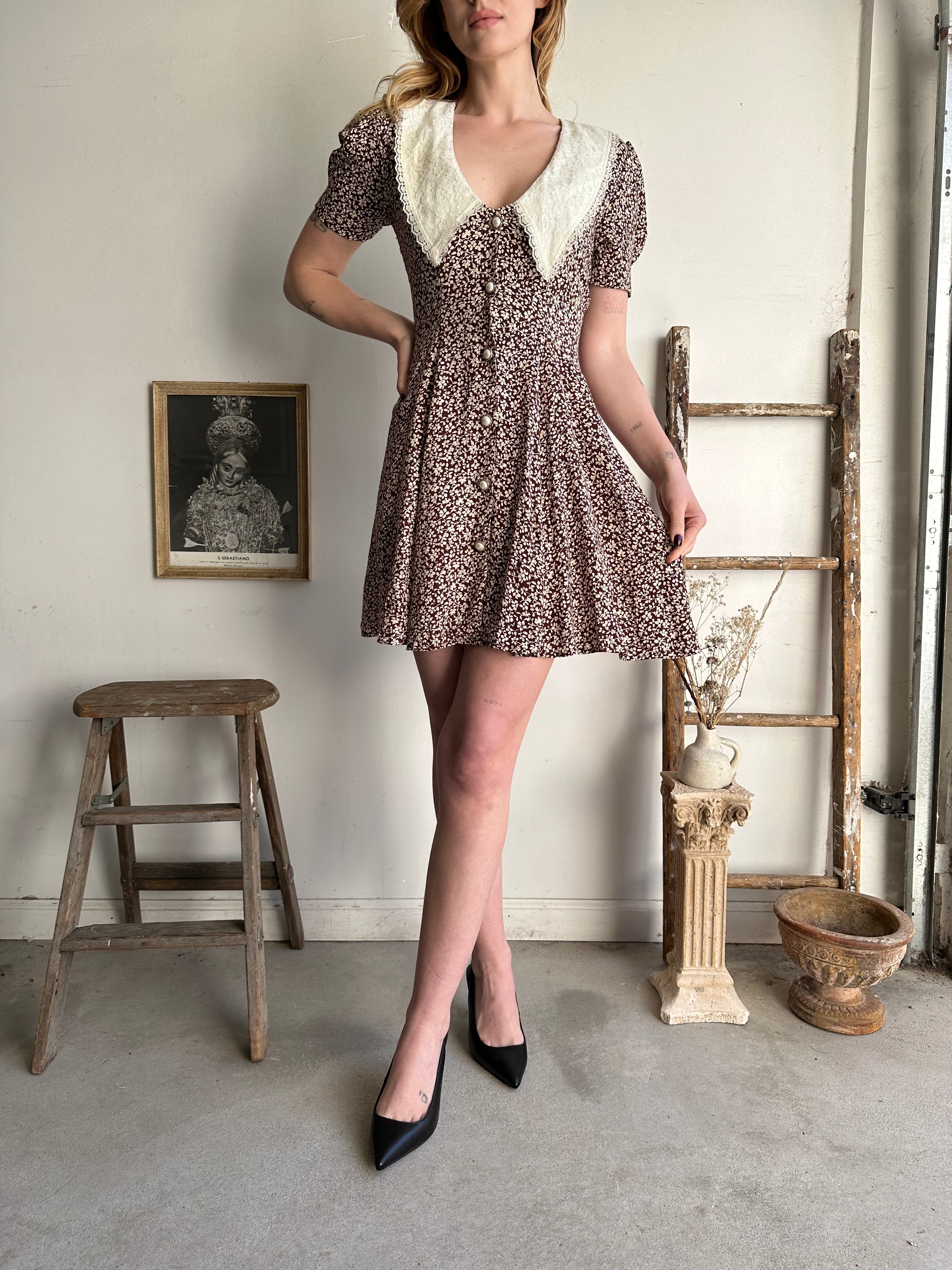 1980s Floral Lace Collar Mini Dress (S)