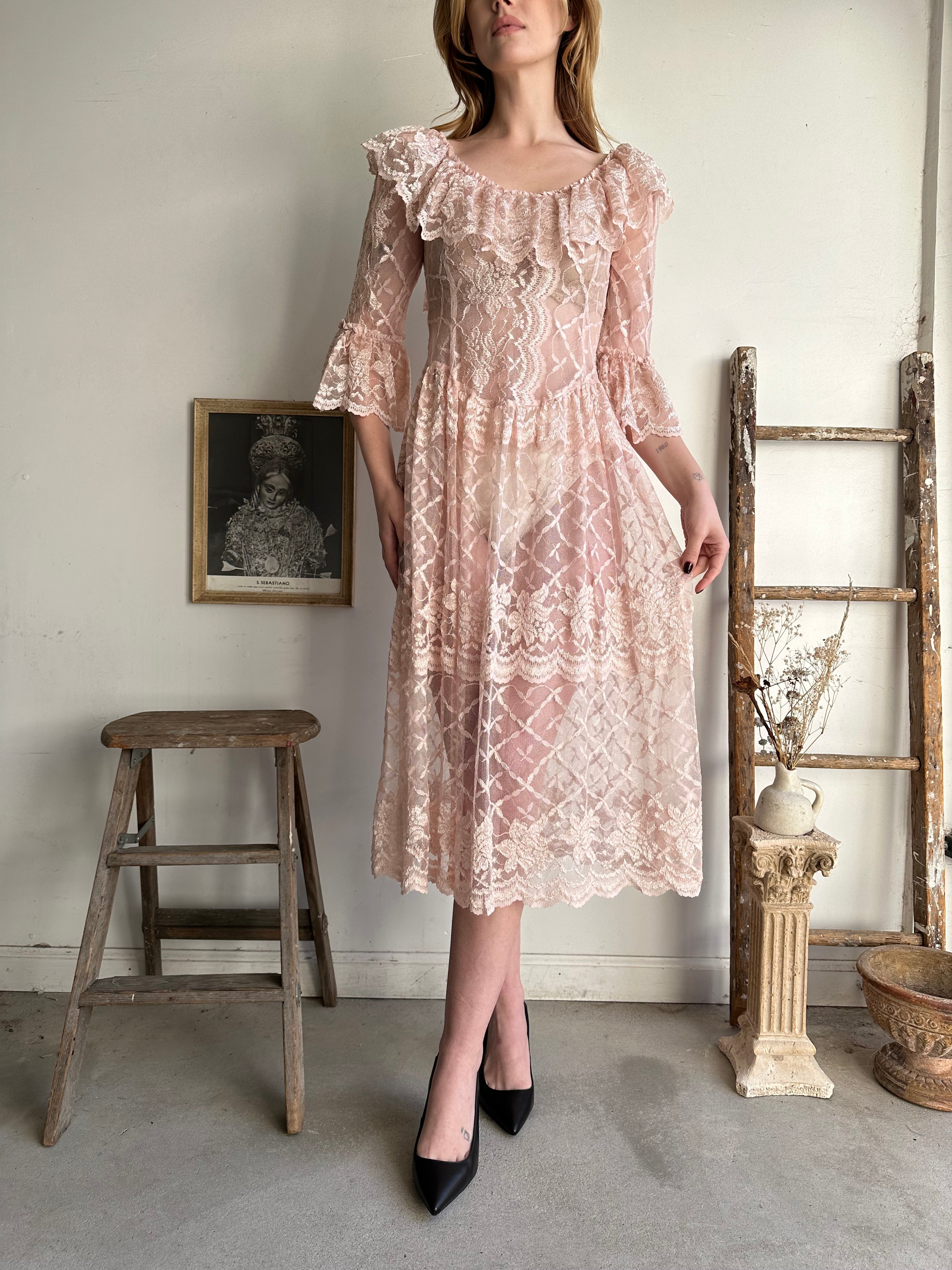 1980s Sheer Pink Lace Midi Dress (XS/S)