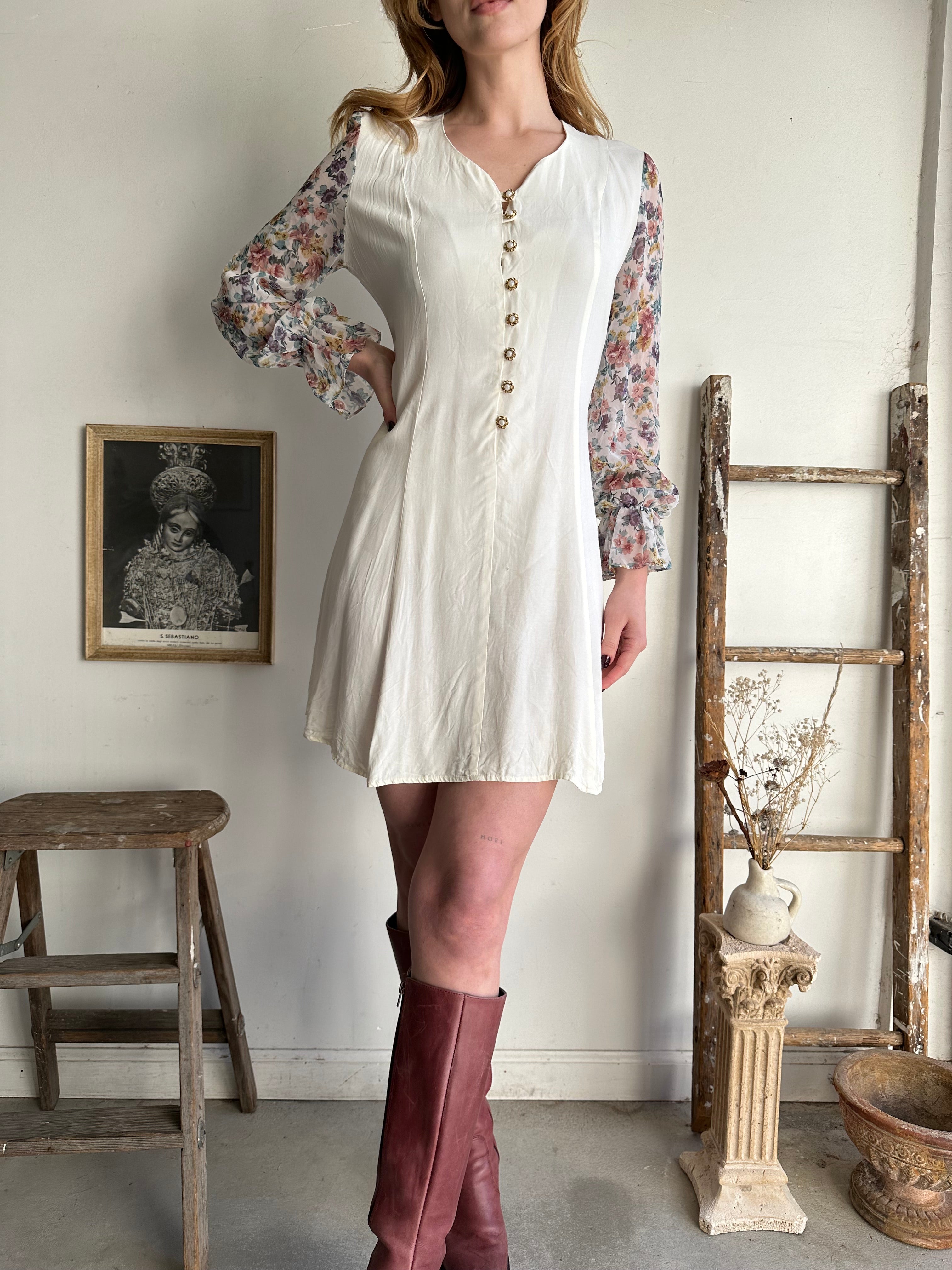 1980s Floral Chiffon Sleeved Dress (S/M)