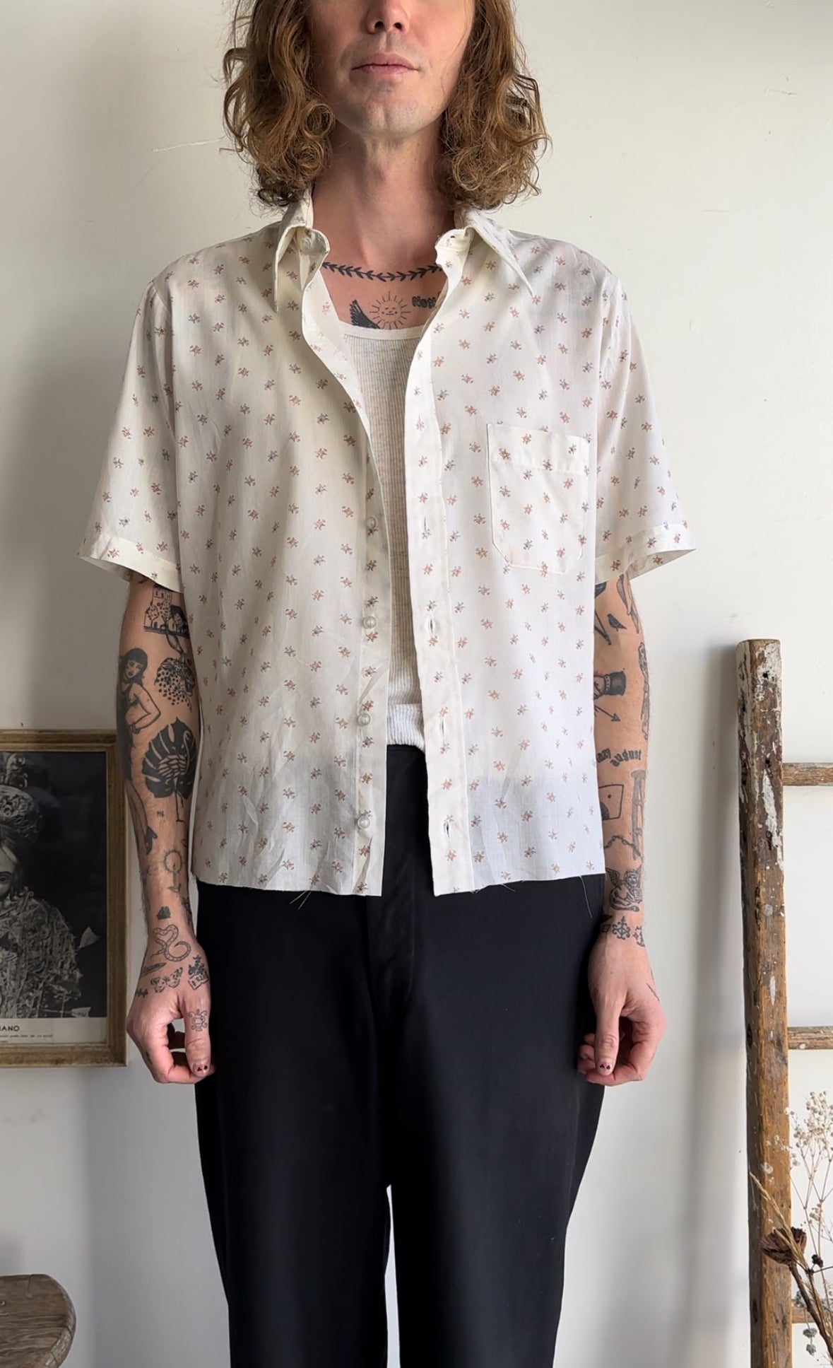 1980s Flower Pattern Cropped Button-Up (L)