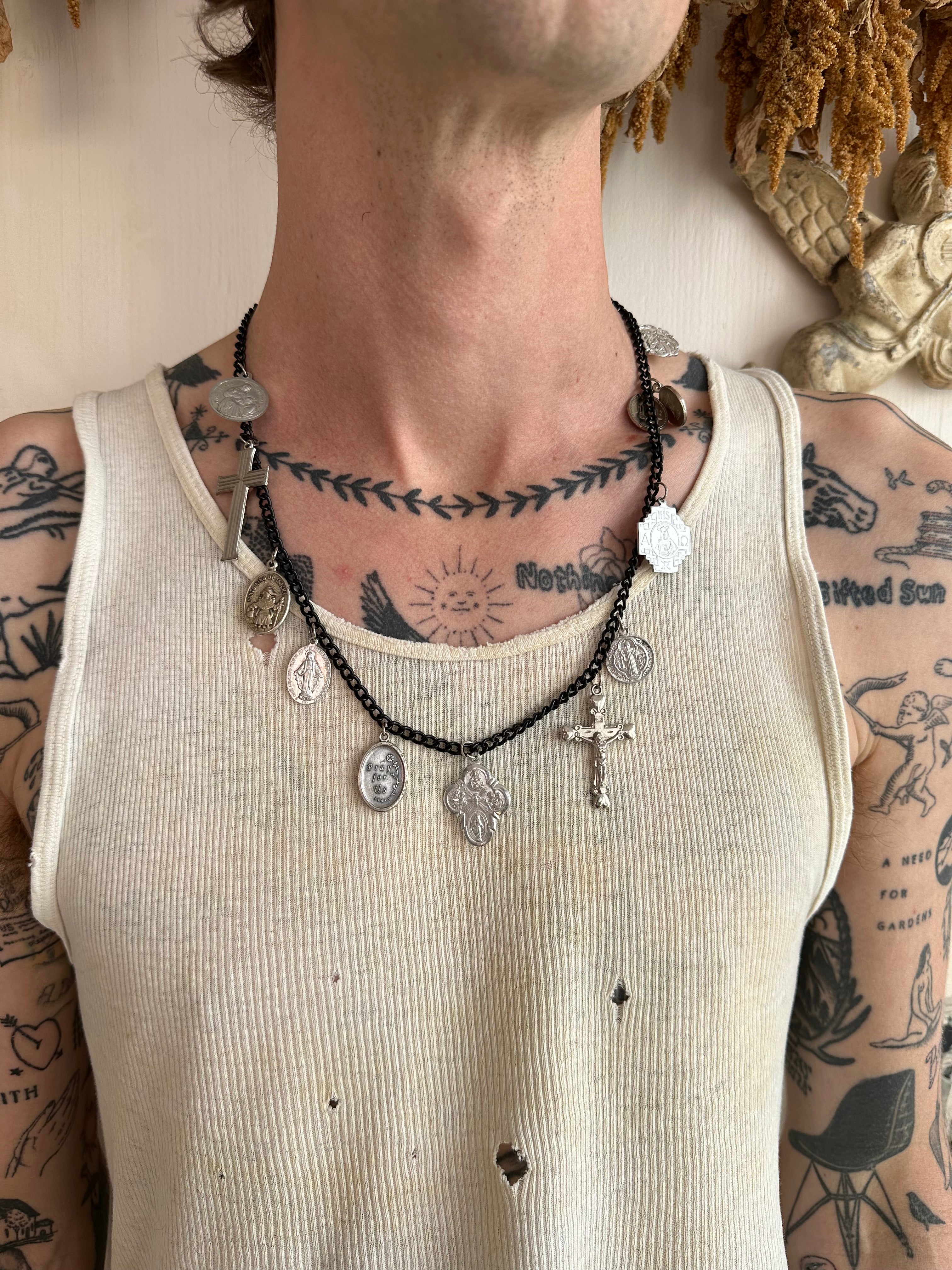 Vintage Handmade Black Religious Charm Necklace