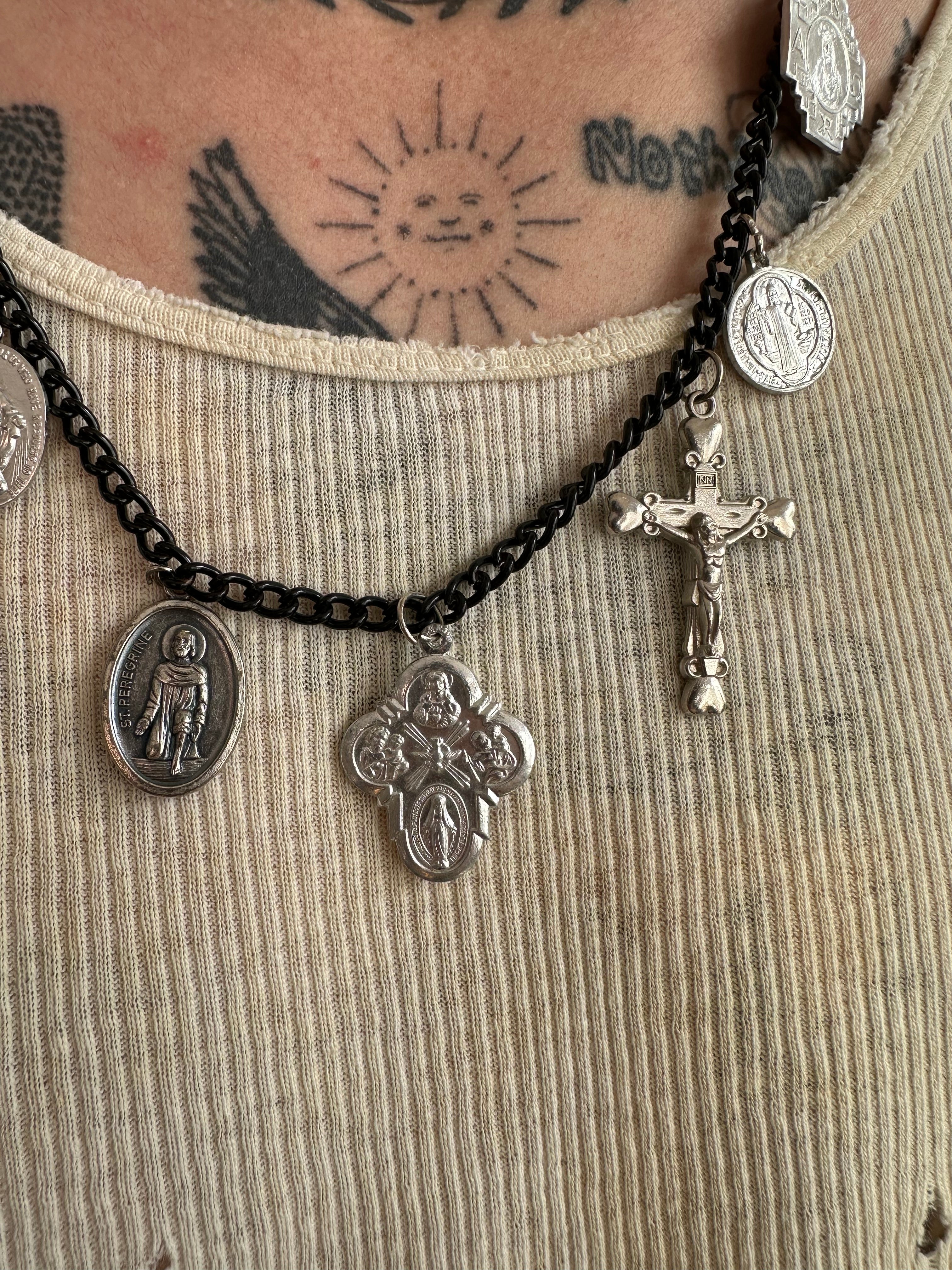 Vintage Handmade Black Religious Charm Necklace