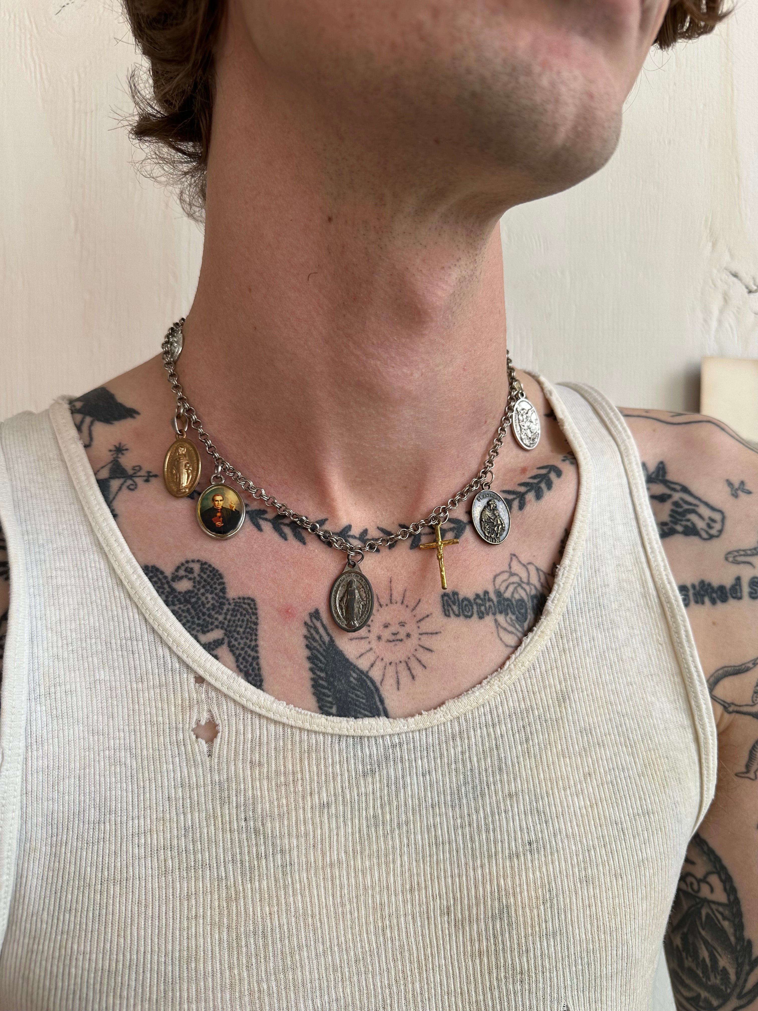 Vintage Handmade Religious Charm Necklace with Sterling Chain