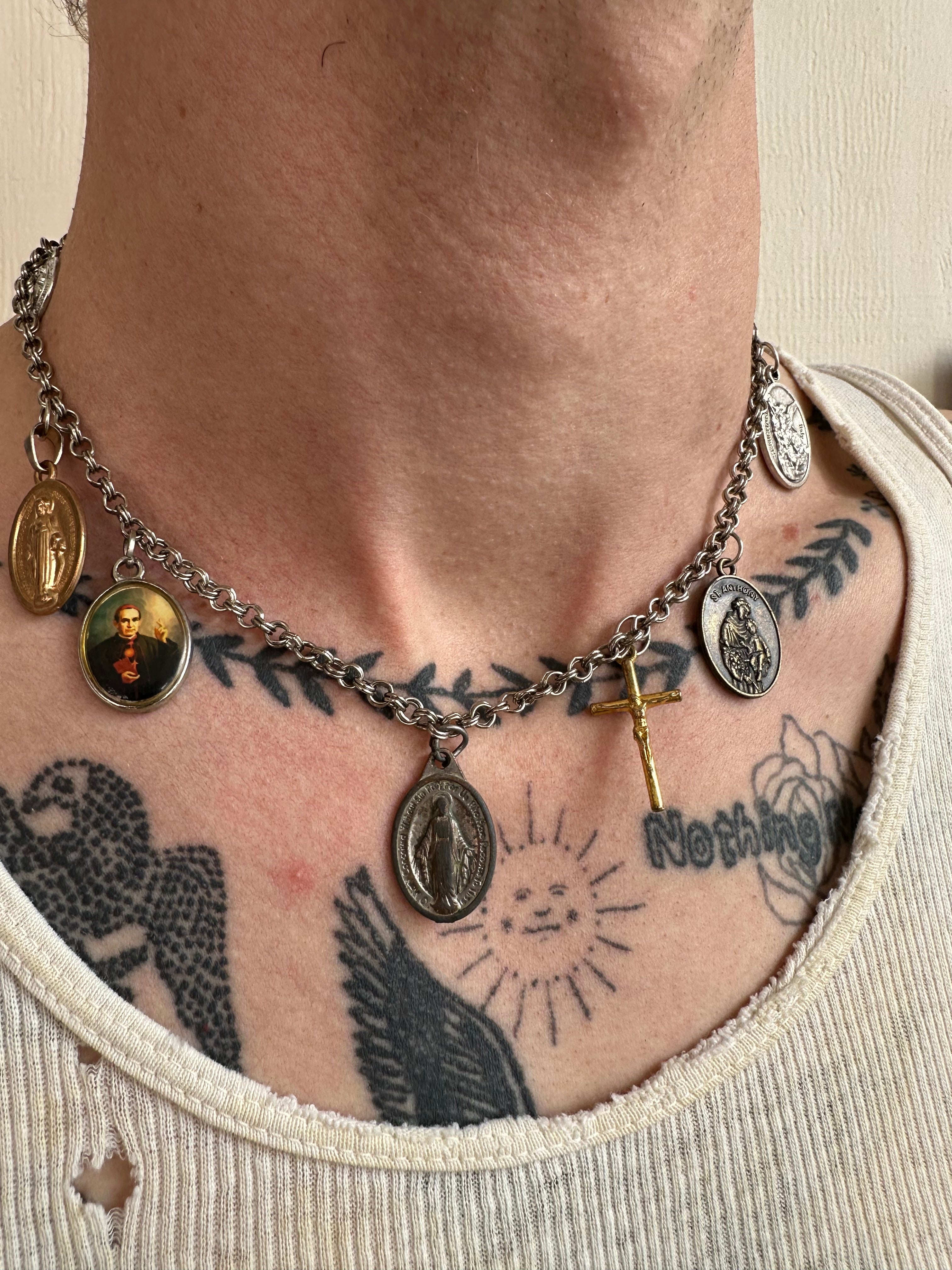 Vintage Handmade Religious Charm Necklace with Sterling Chain