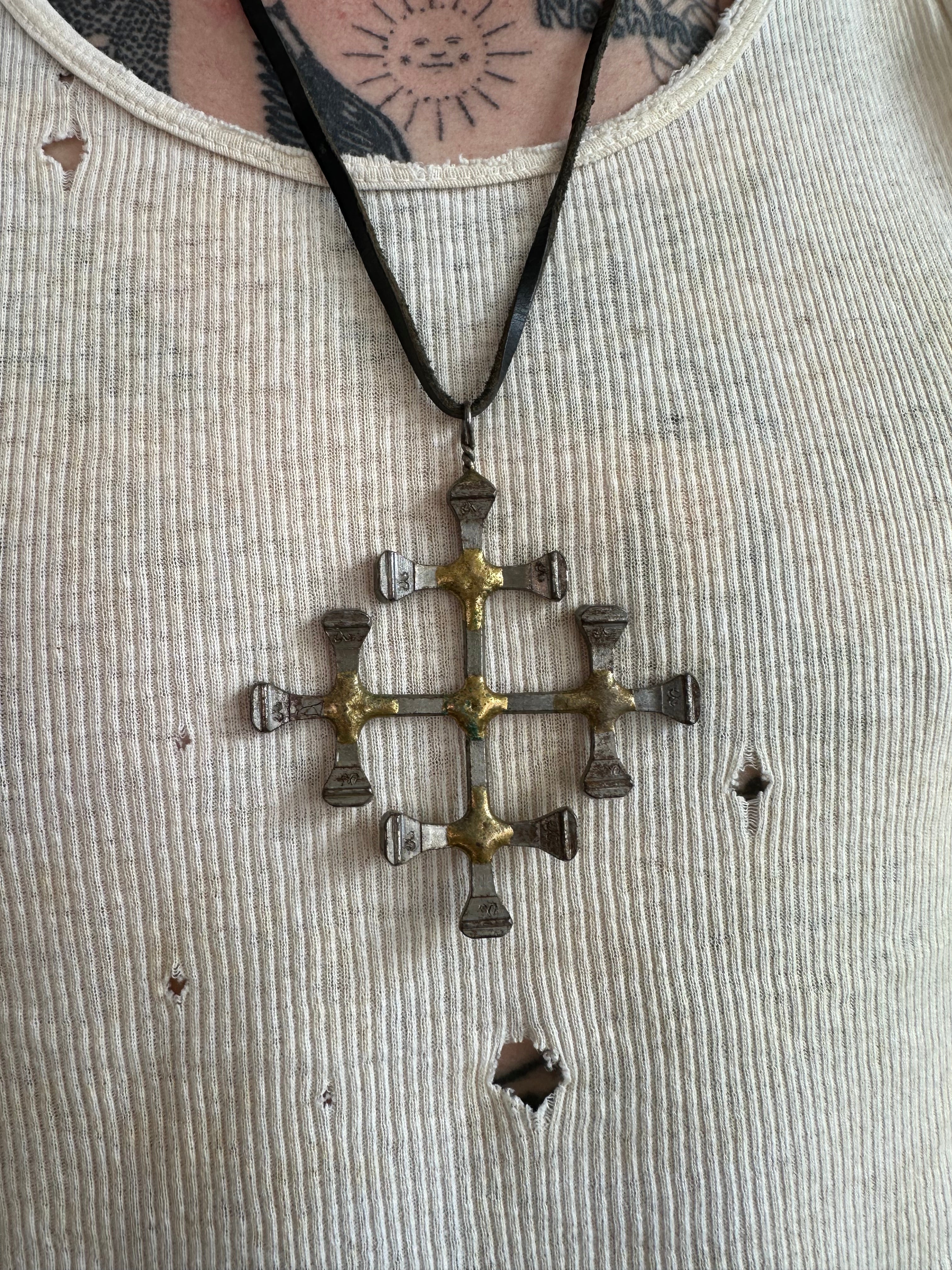 Heavy Cross Necklace w/ Leather Strap