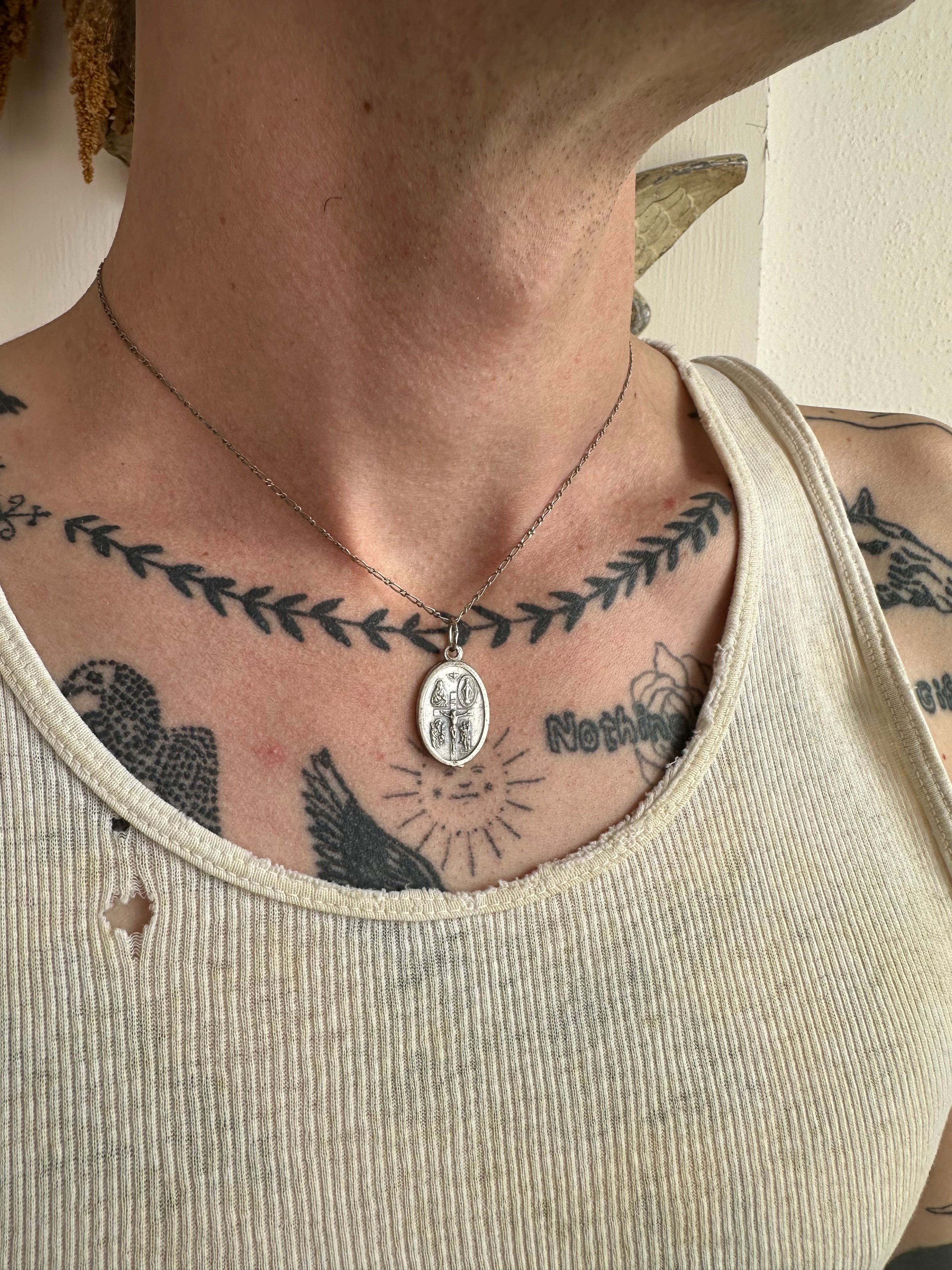 Vintage Crucifixion Pendant Necklace with Sterling Chain