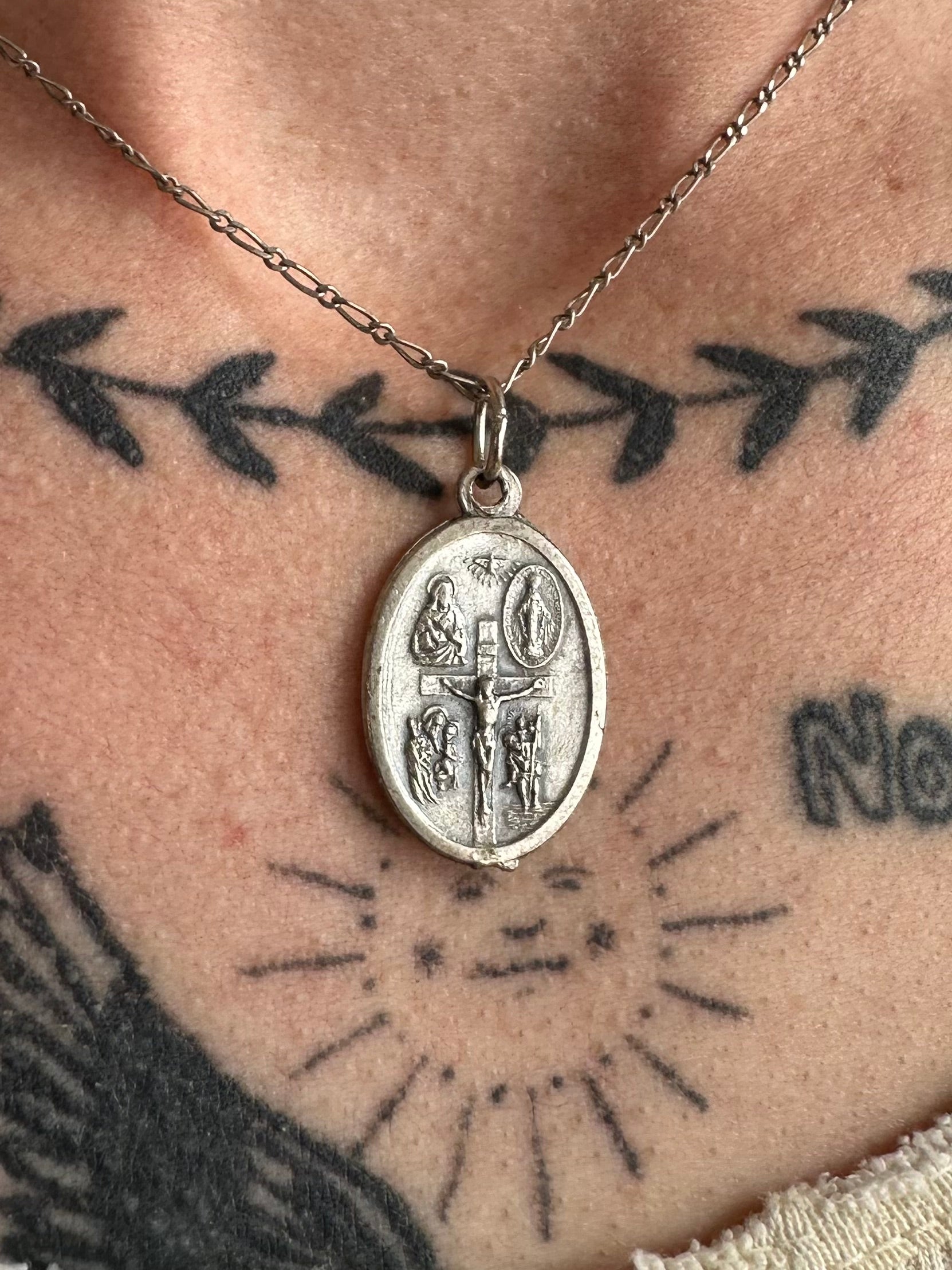 Vintage Crucifixion Pendant Necklace with Sterling Chain