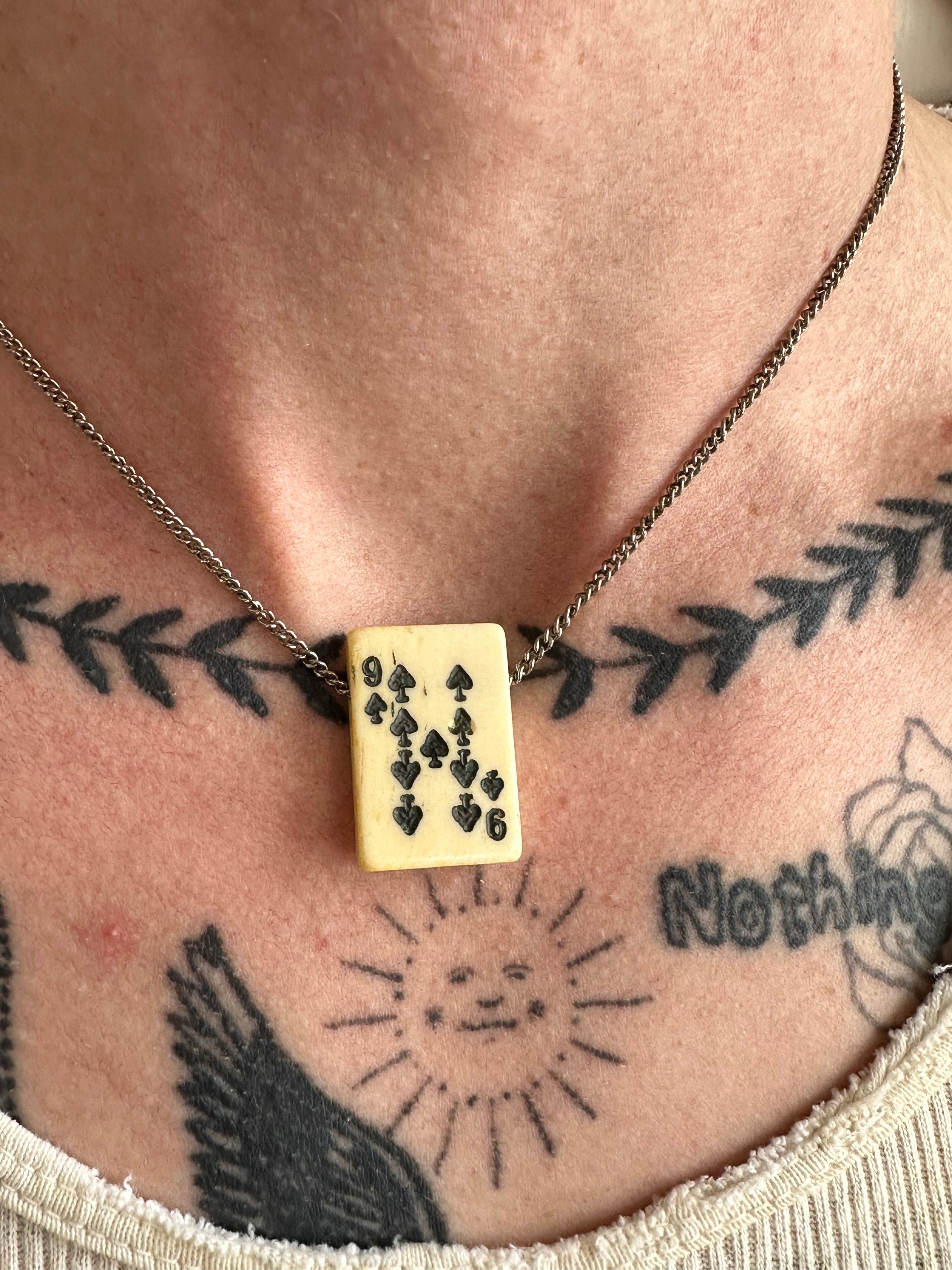 Antique Bakelite 9 of Spades Necklace with Sterling Chain