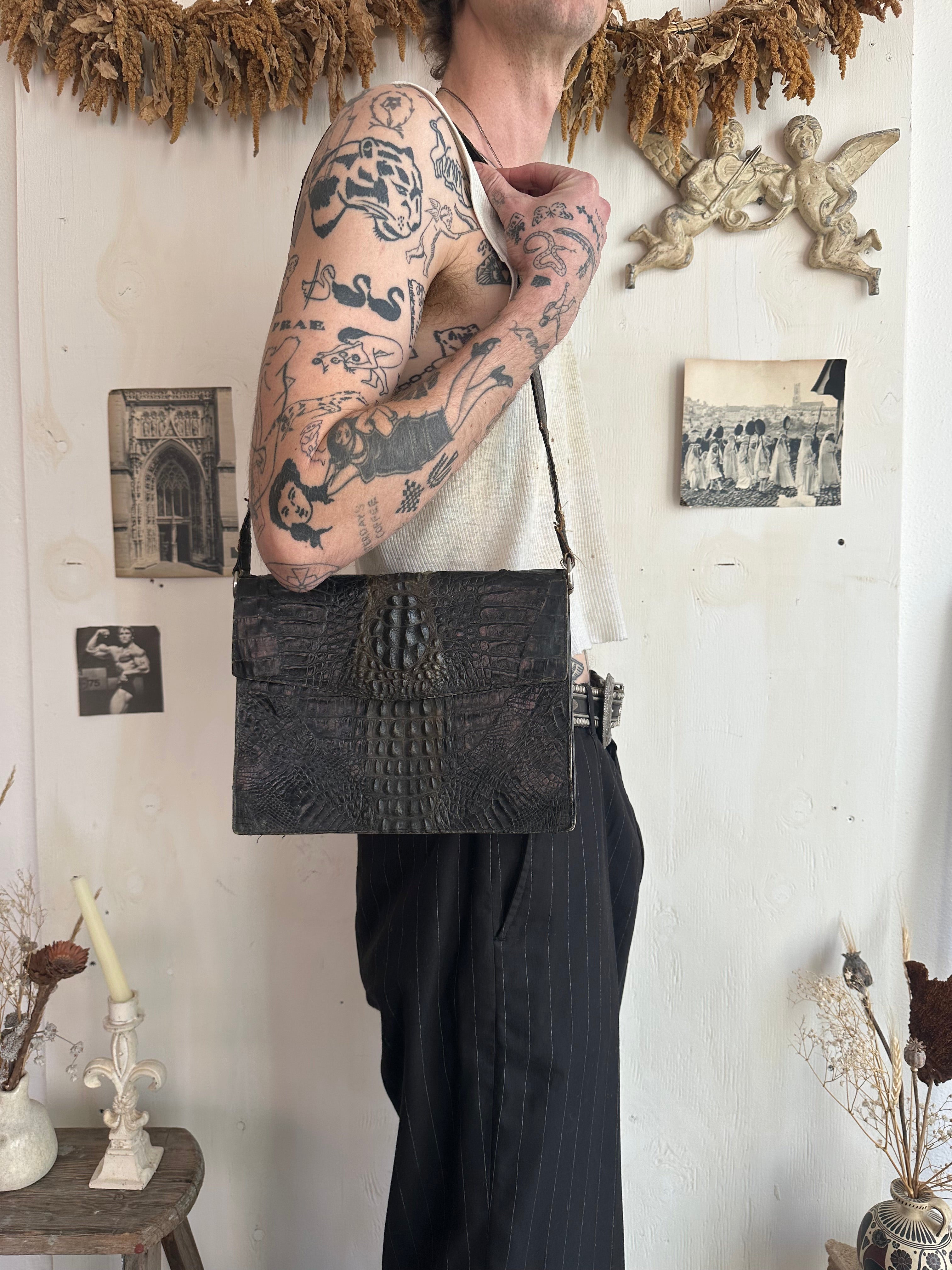 Thrashed Real Crocodile Skin Bag