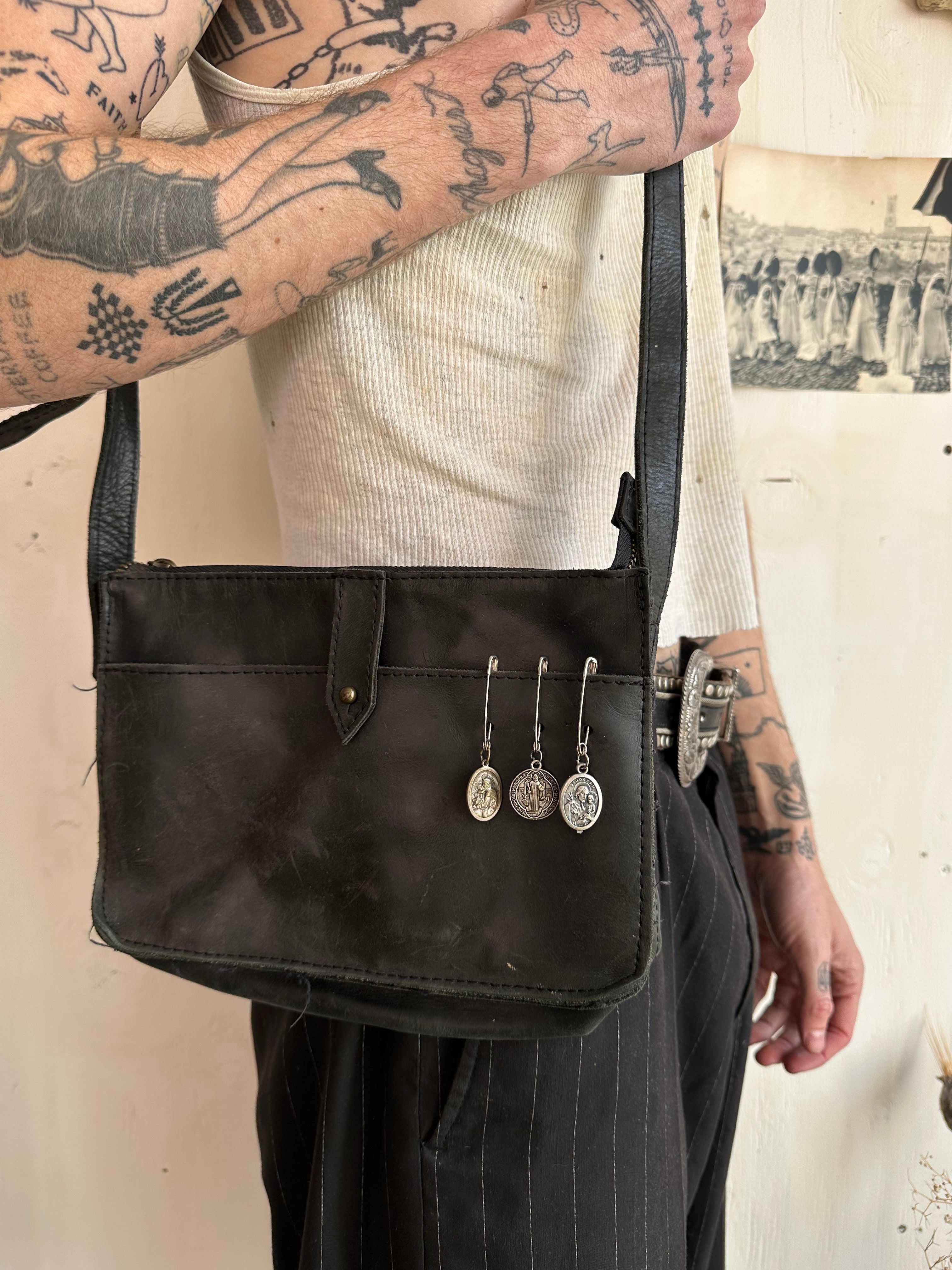 Vintage Leather Bag w/ Vintage Religious Pendants