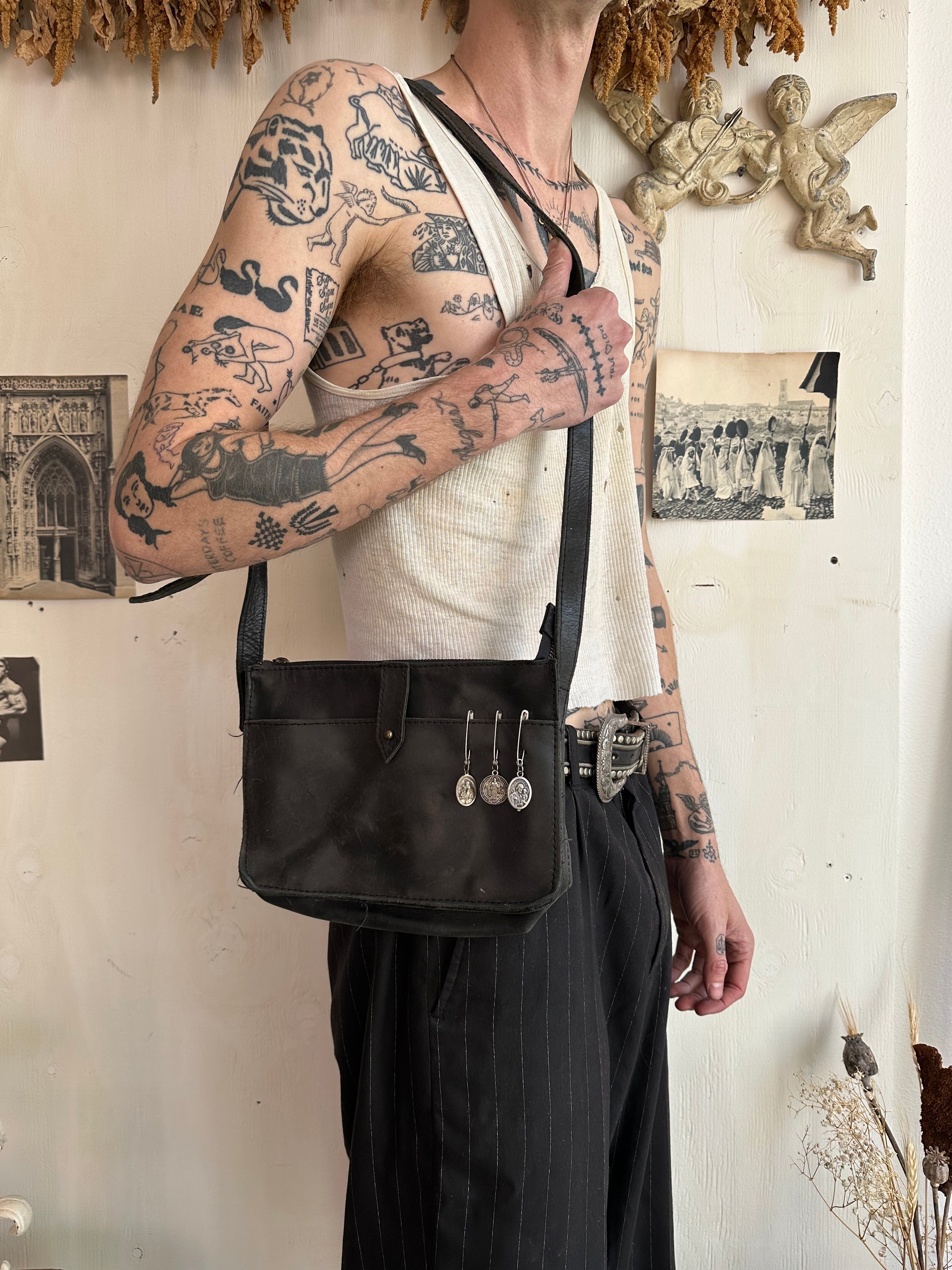 Vintage Leather Bag w/ Vintage Religious Pendants