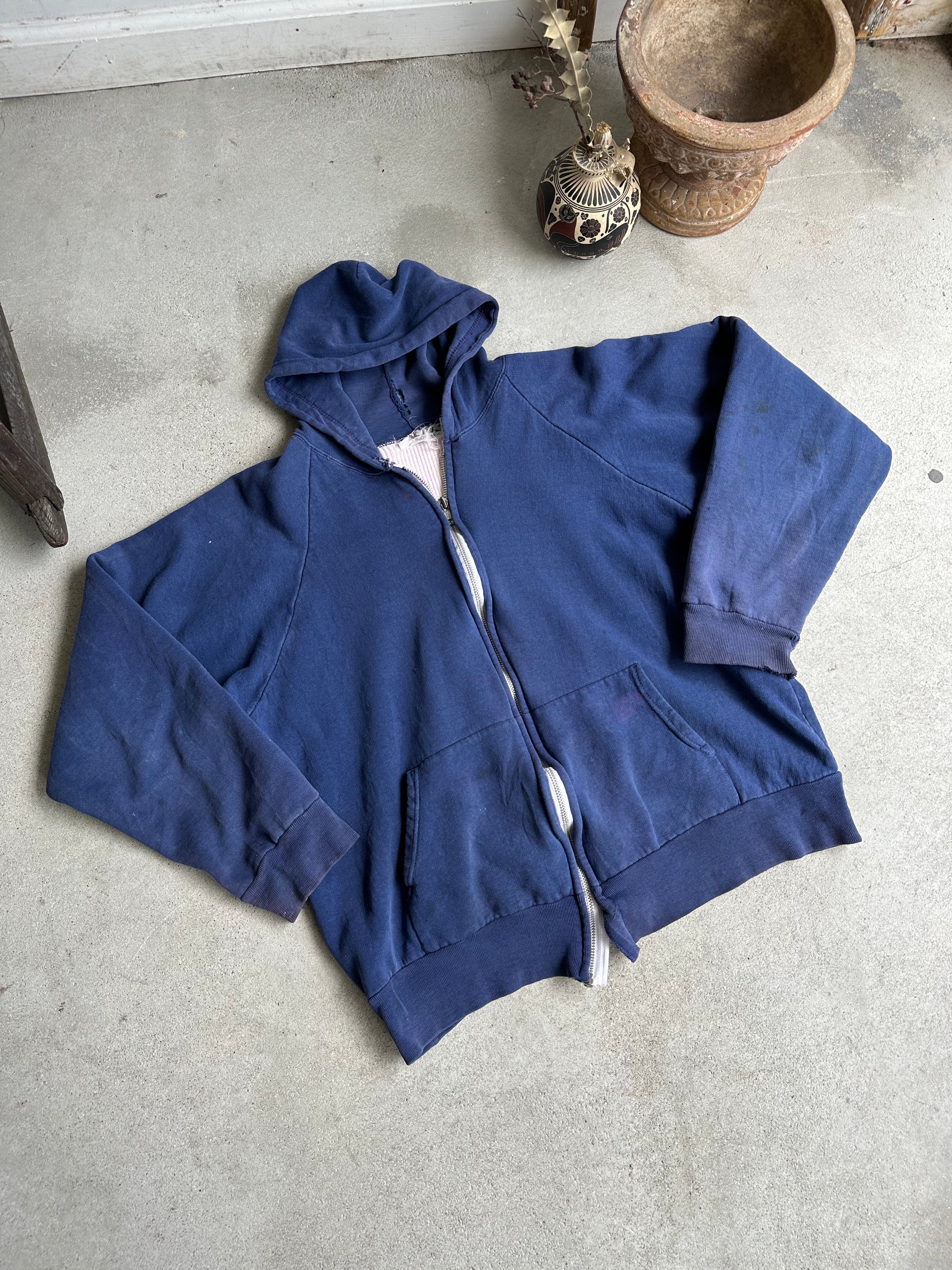 1980s Well-Worn Navy Thermal-Lined Hoodie (XL)