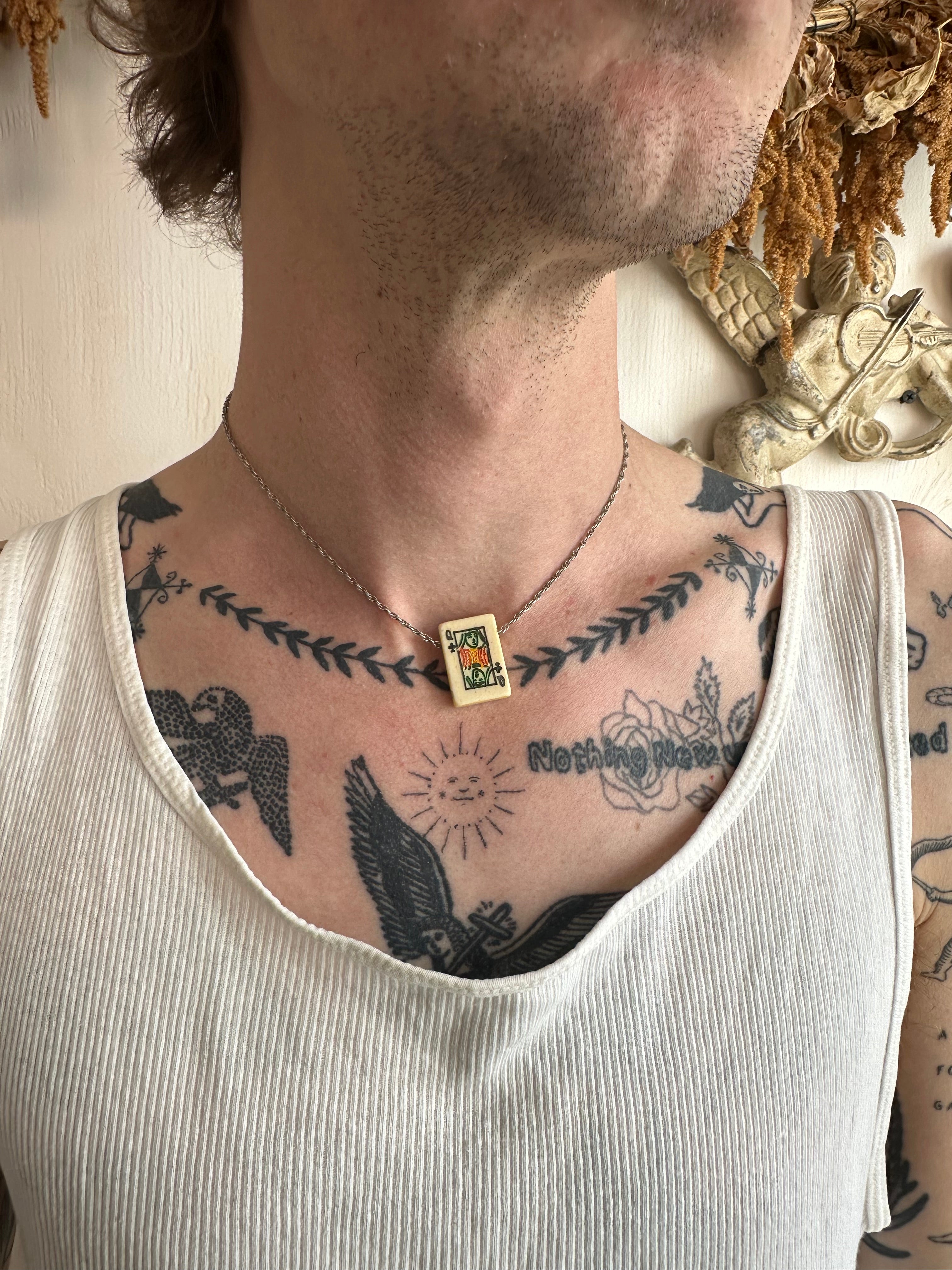 Vintage Queen of Clubs w/ Sterling Chain