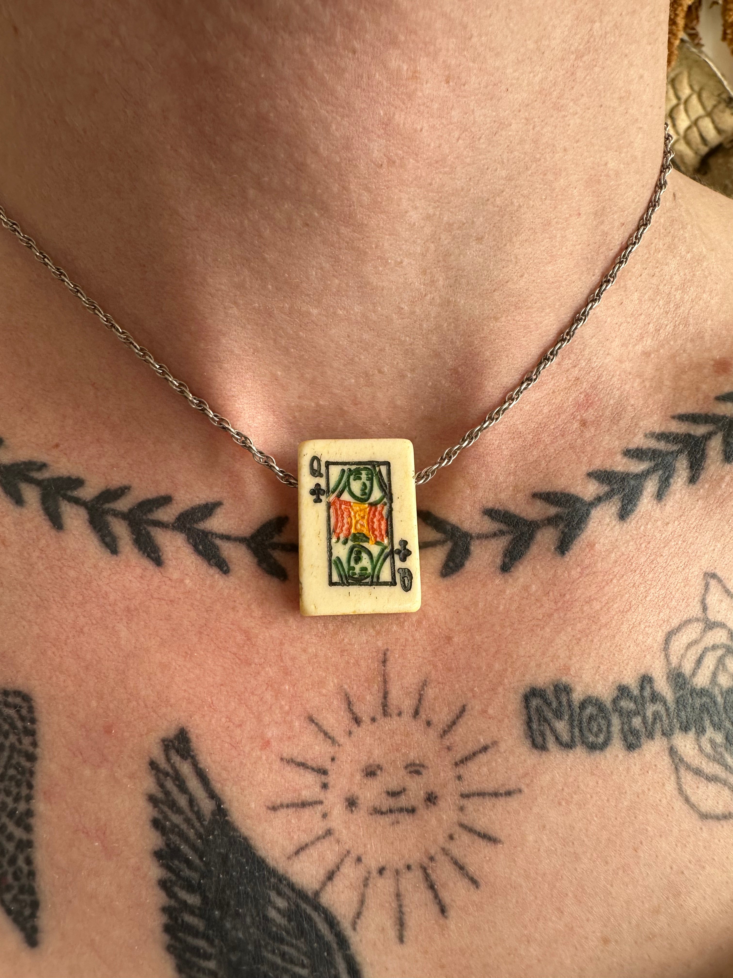 Vintage Queen of Clubs w/ Sterling Chain