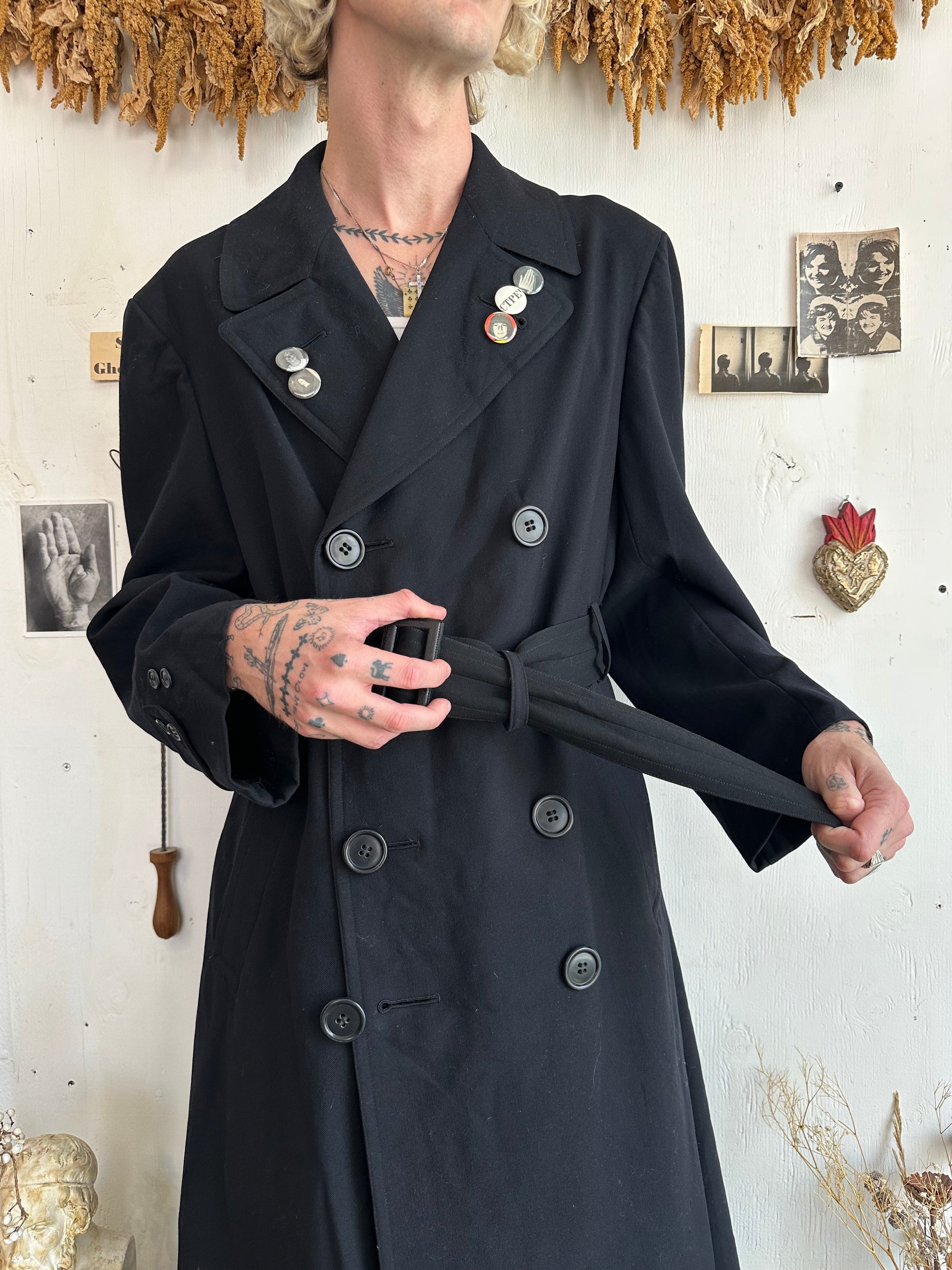1960s Black Heavy Wool Gabardine Trench Coat W/ Soviet Back Patch and Pins
