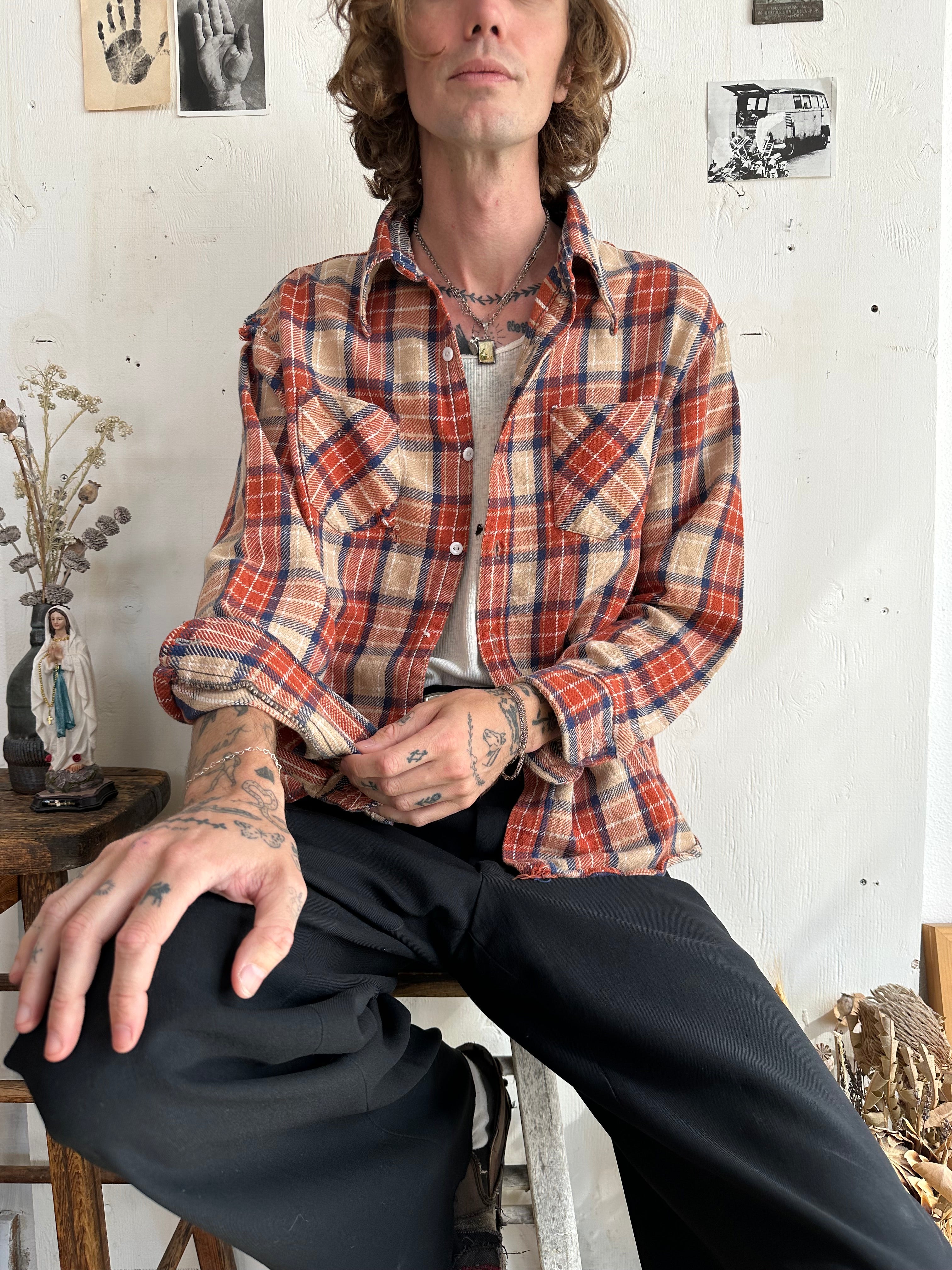 1970s Well Worn Orange Plaid Button Up (Boxy L/XL)