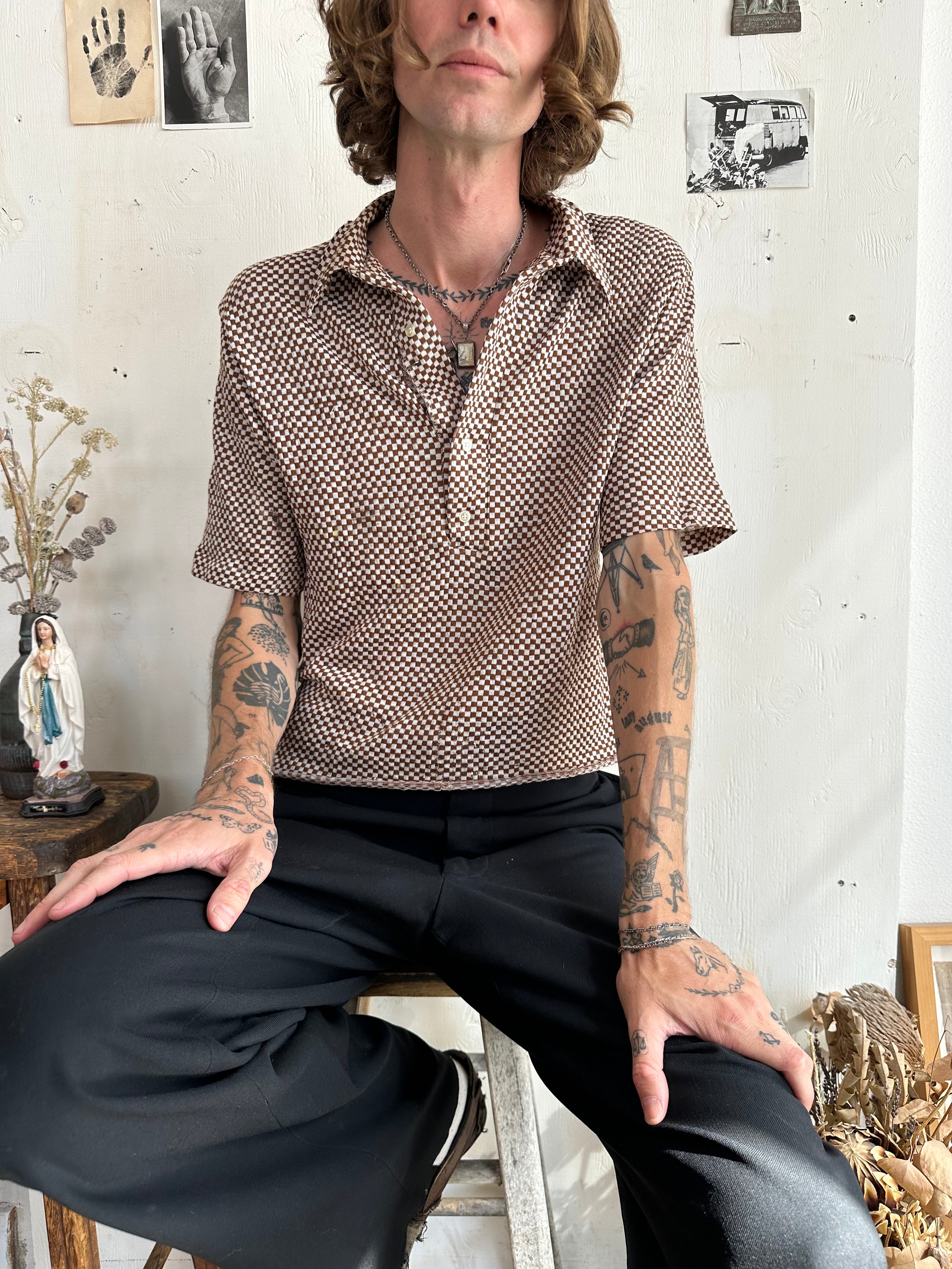 1970s Checker Print Polo Tee (Boxy S/M)