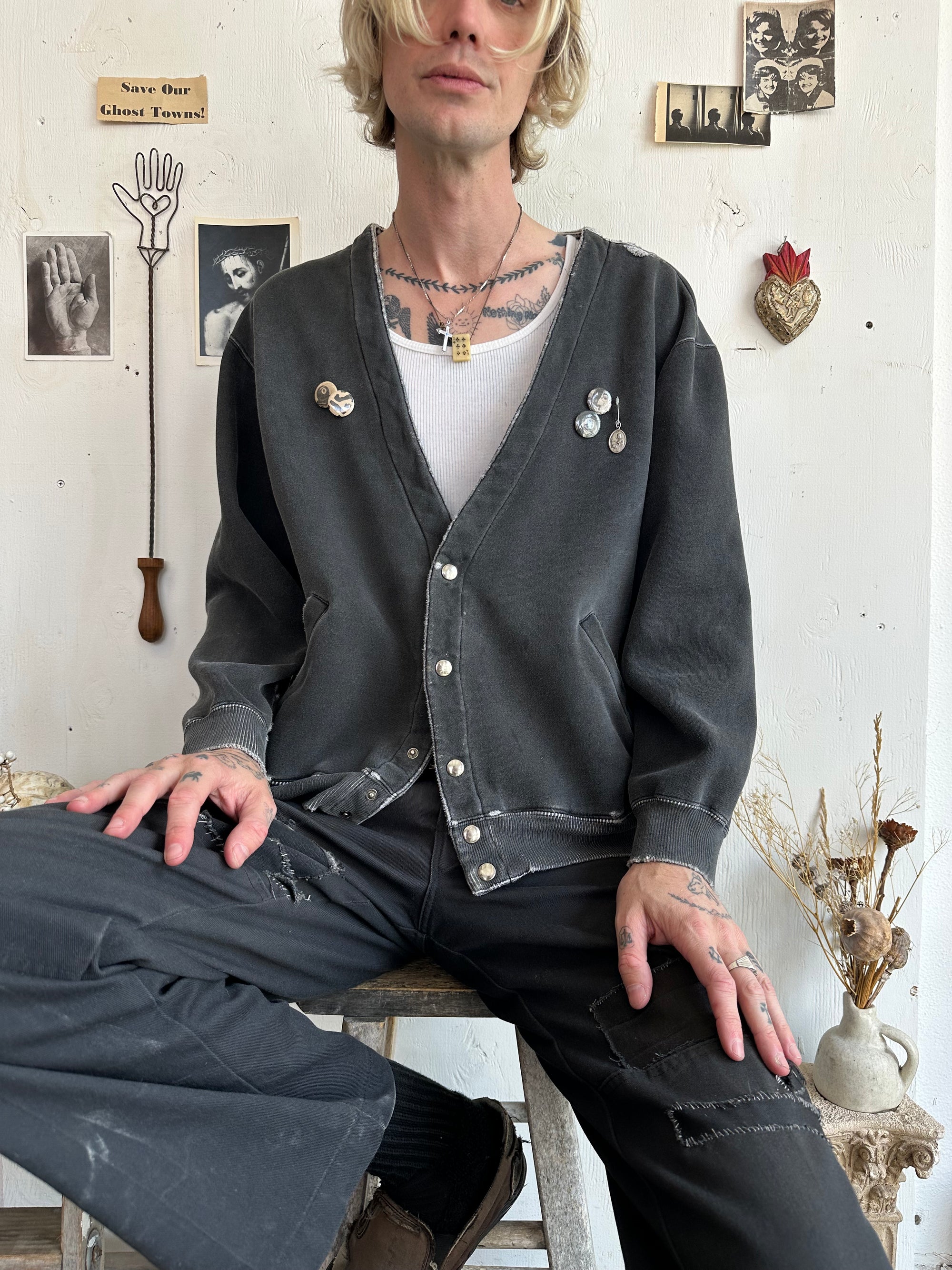 1980s Well Worn Black Sweatshirt Cardigan W/ Pins