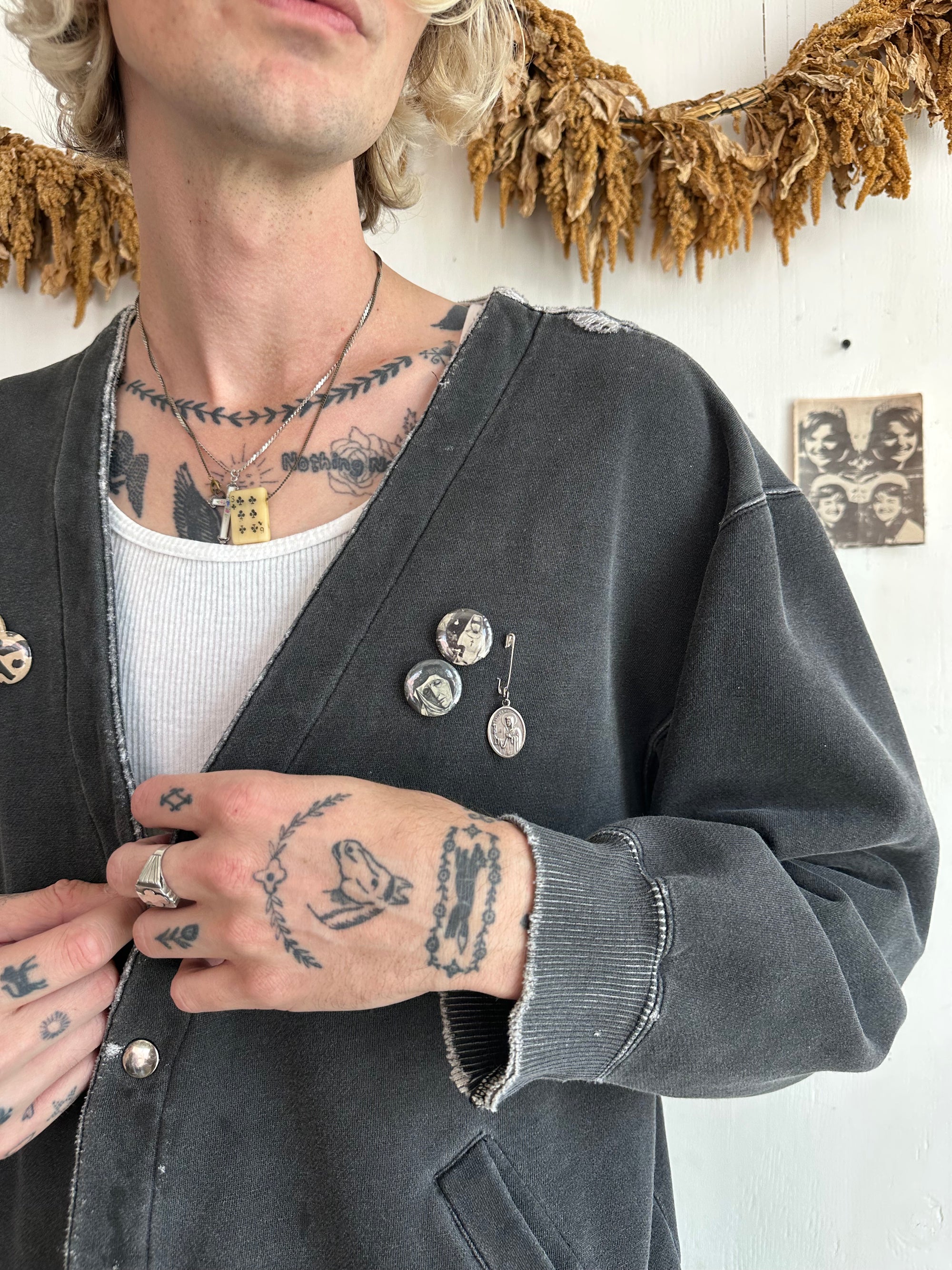 1980s Well Worn Black Sweatshirt Cardigan W/ Pins