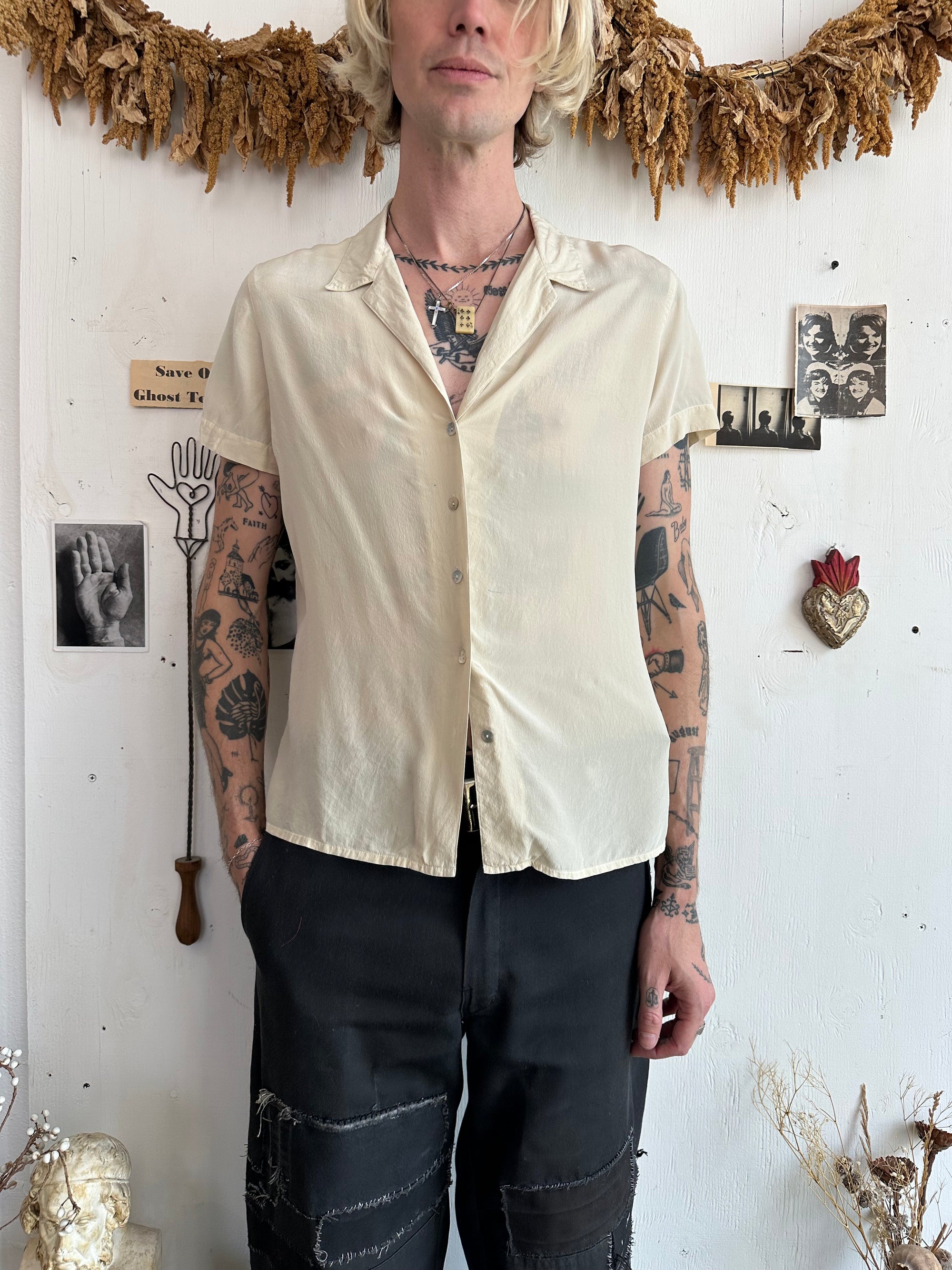 1980s Well Worn Short Sleeve Silk Button Up
