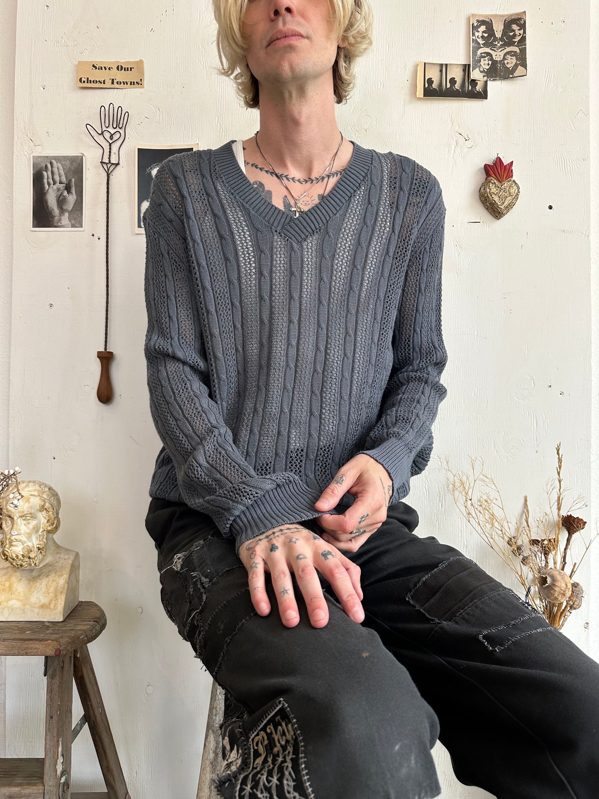 1980s Sheer 100% Cotton Cable Knit V-Neck