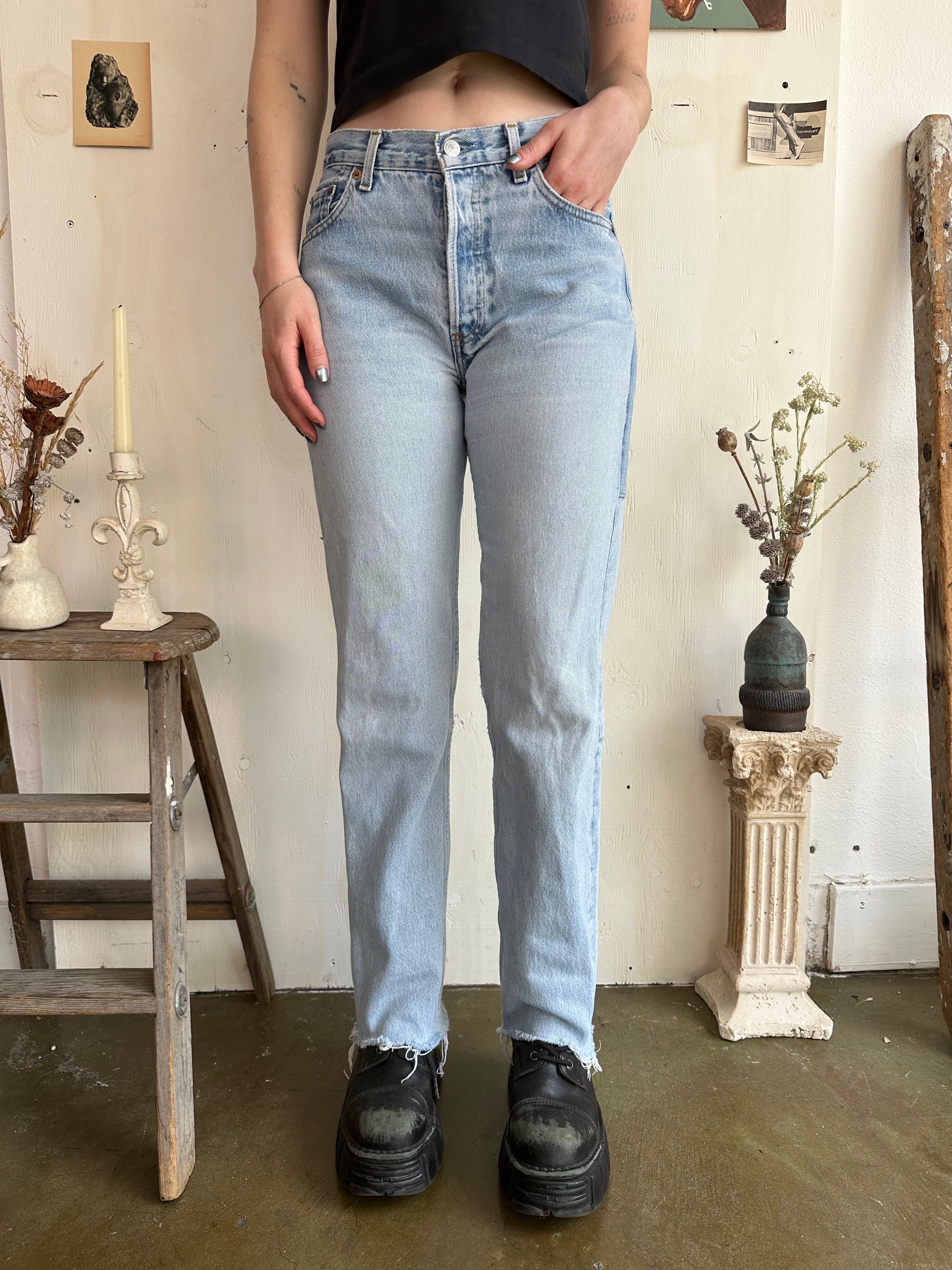 1980s Patched Light Wash Raw Hem 501s (28/30)