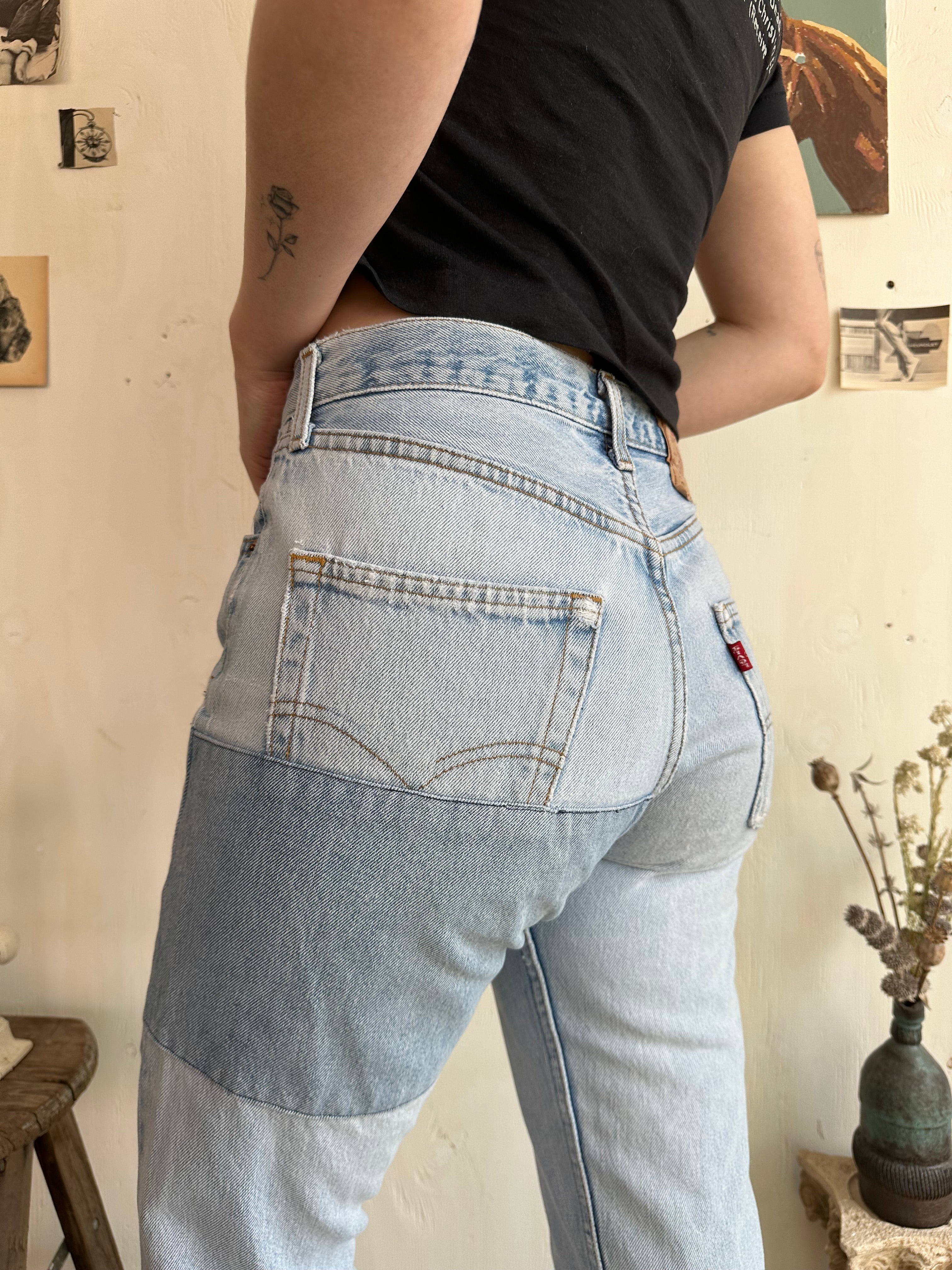 1980s Patched Light Wash Raw Hem 501s (28/30)