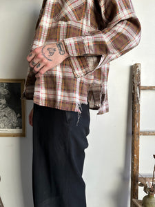 1950s Thrashed Brown Plaid Cotton Flannel (L/XL)