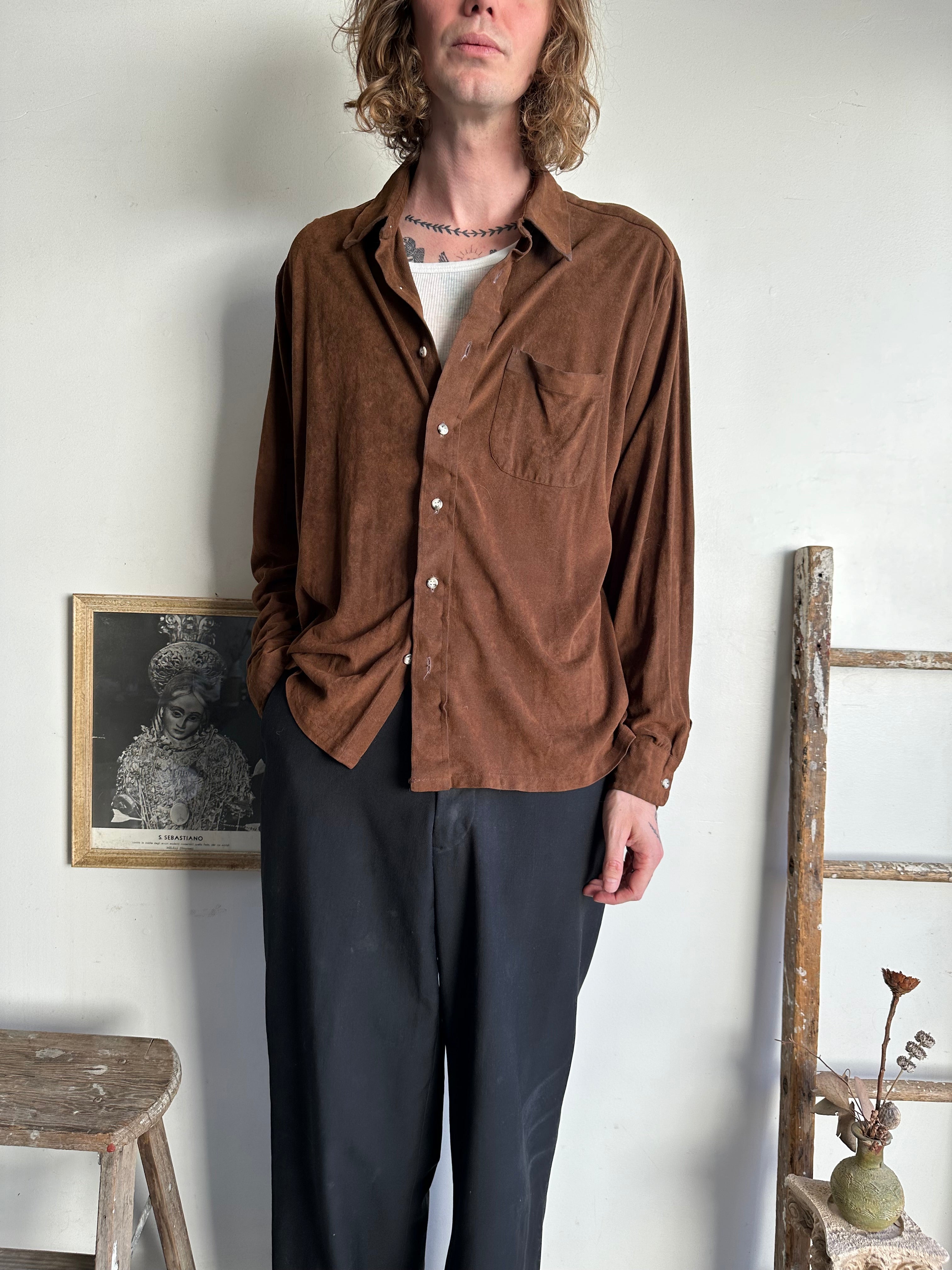 1970s Brown Velour Button-Up (XL)