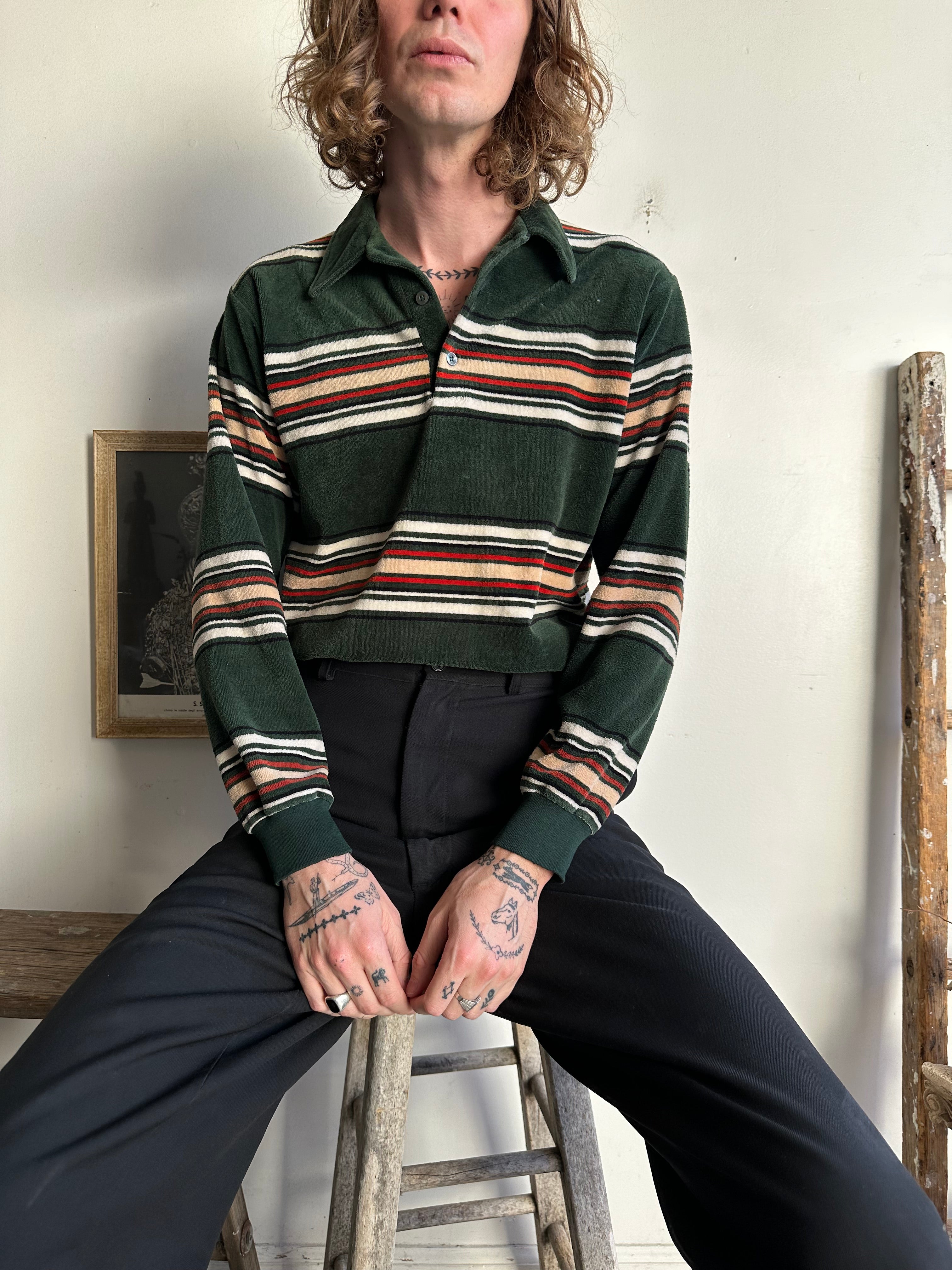1970s Striped Velour Collared Sweatshirt (M/L)