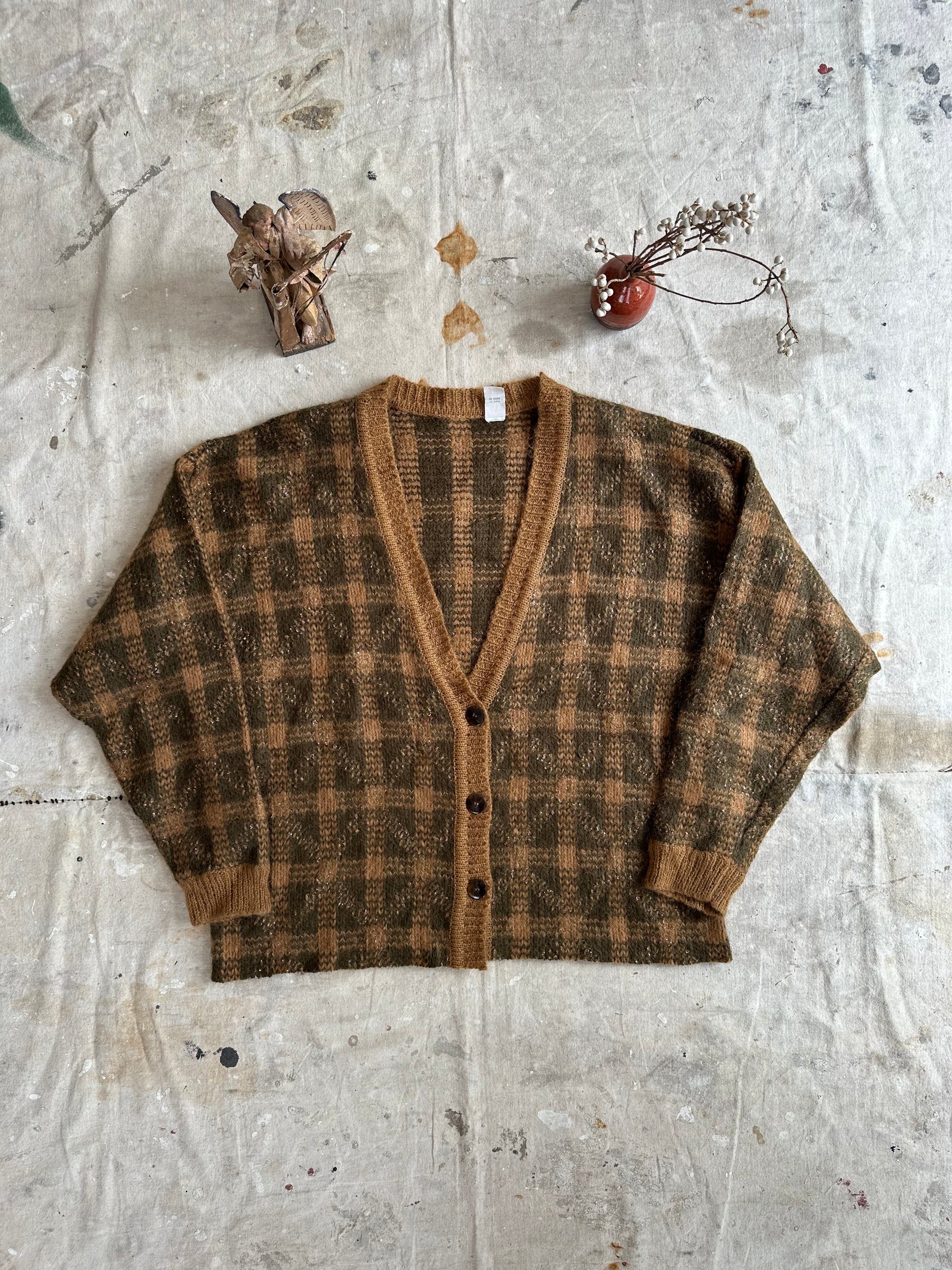 1980s Mohair Blend Plaid Cardigan W/ Pins