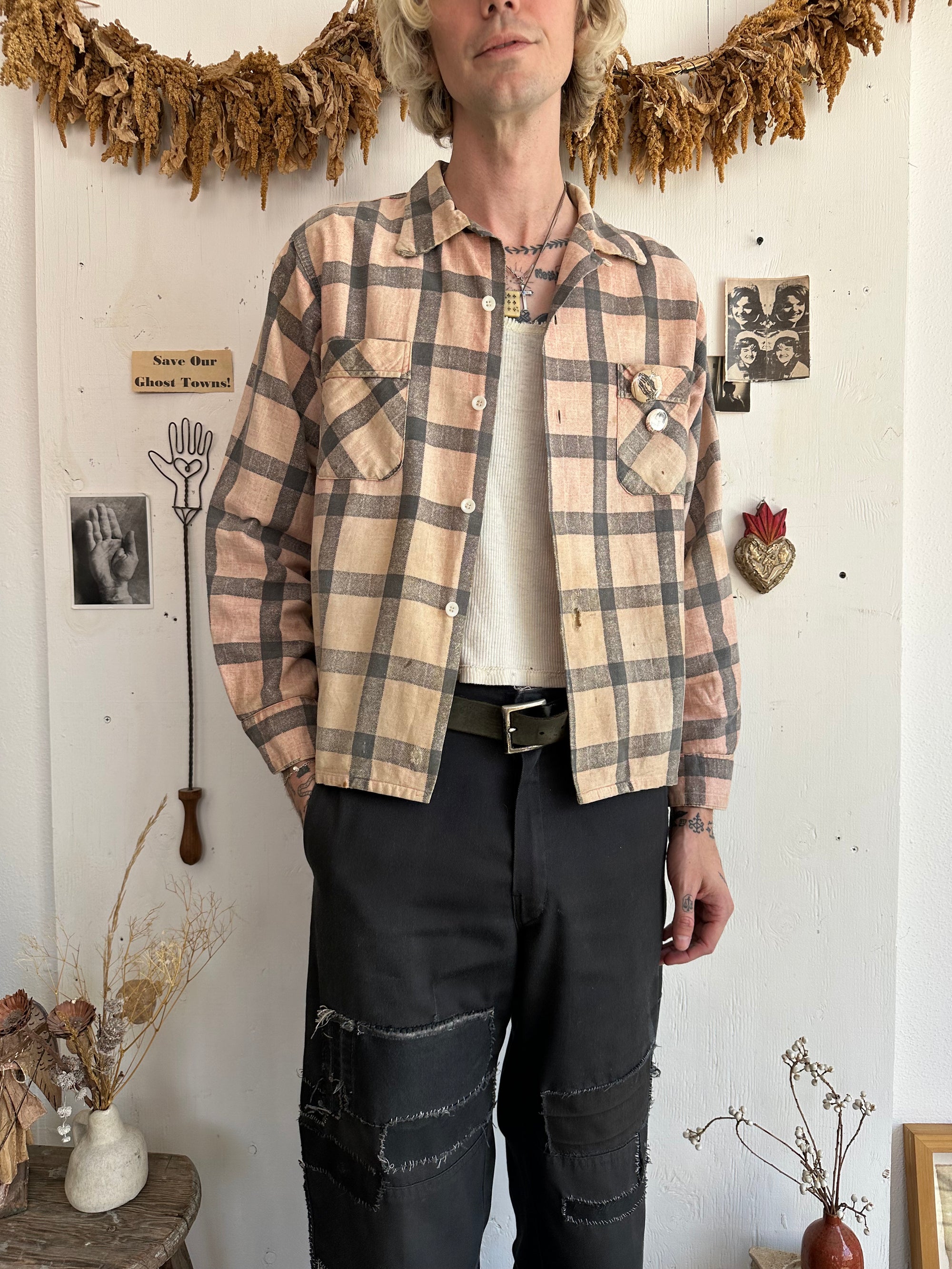 1950s Sunfaded Printed Cotton Flannel W/ Silk Yolk and Pins