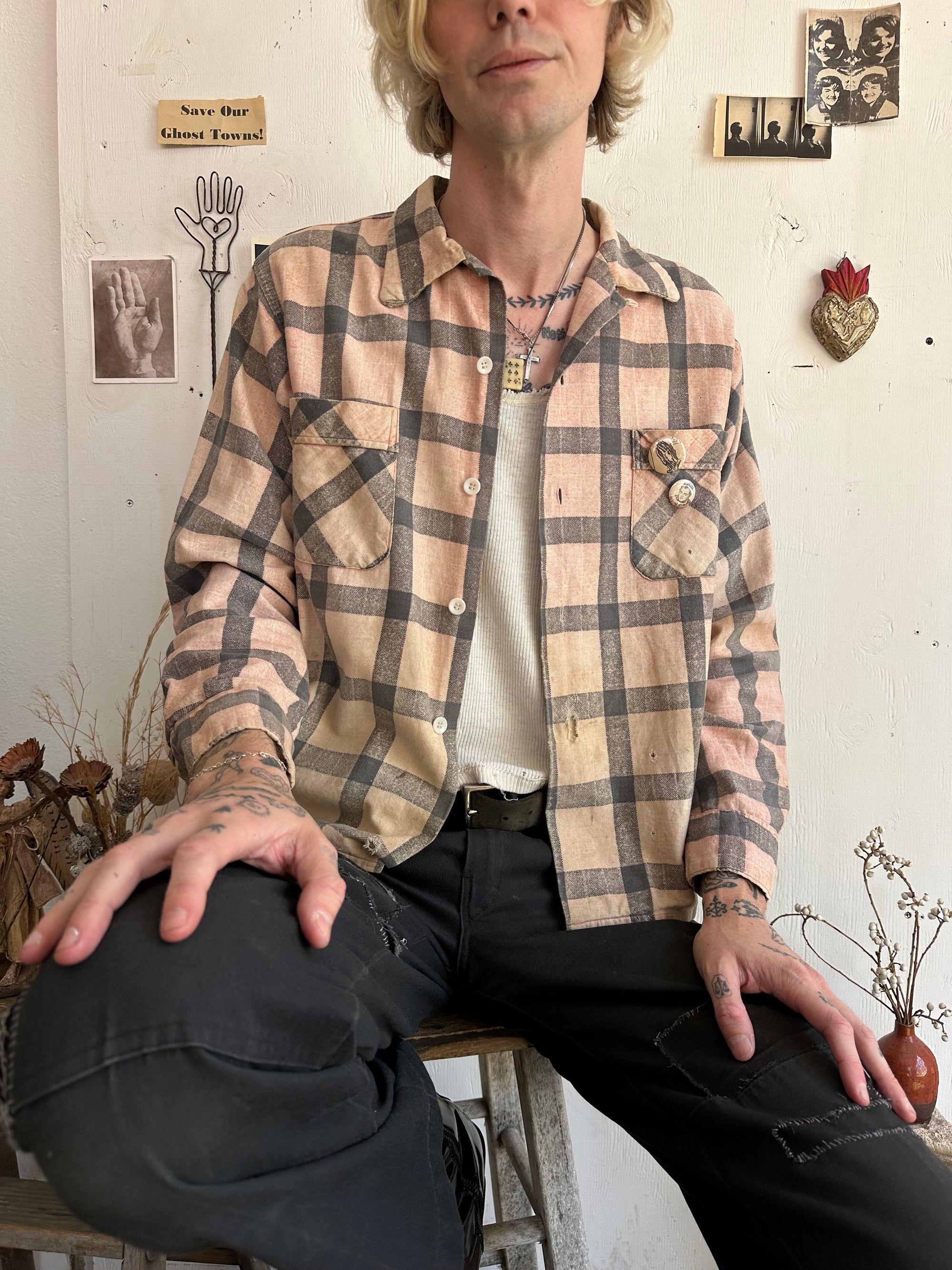 1950s Sunfaded Printed Cotton Flannel W/ Silk Yolk and Pins