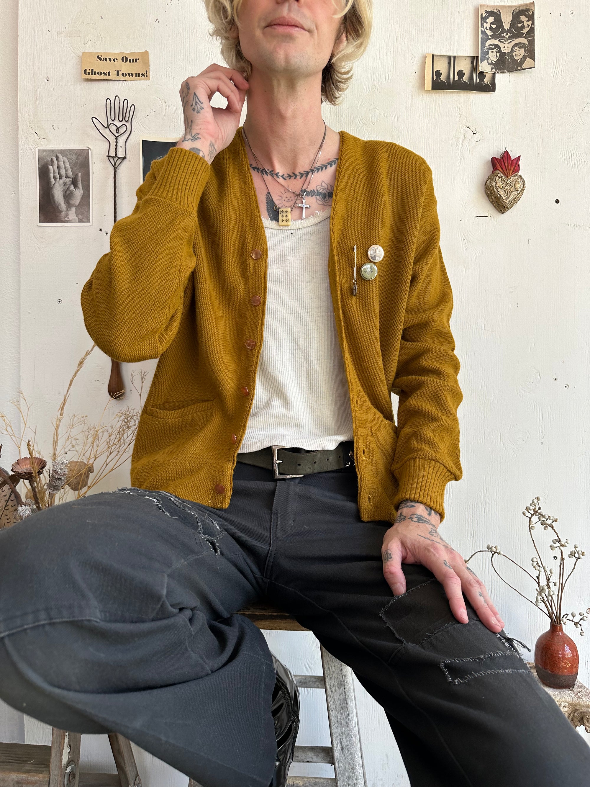 1960s Mustard Knit W/ Pins and Pendant