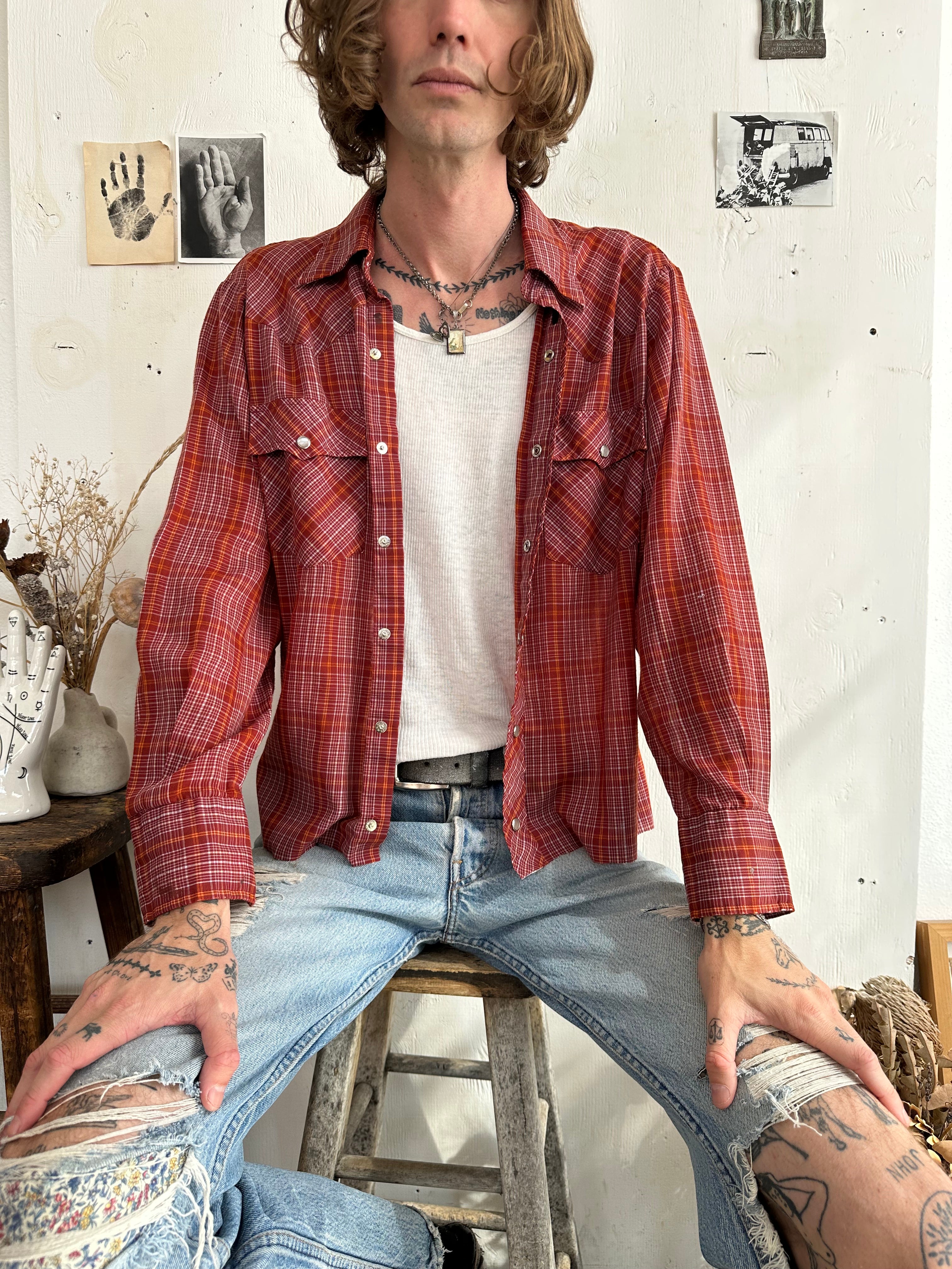 1970s Paper Thin Plaid Western Shirt (Boxy M)