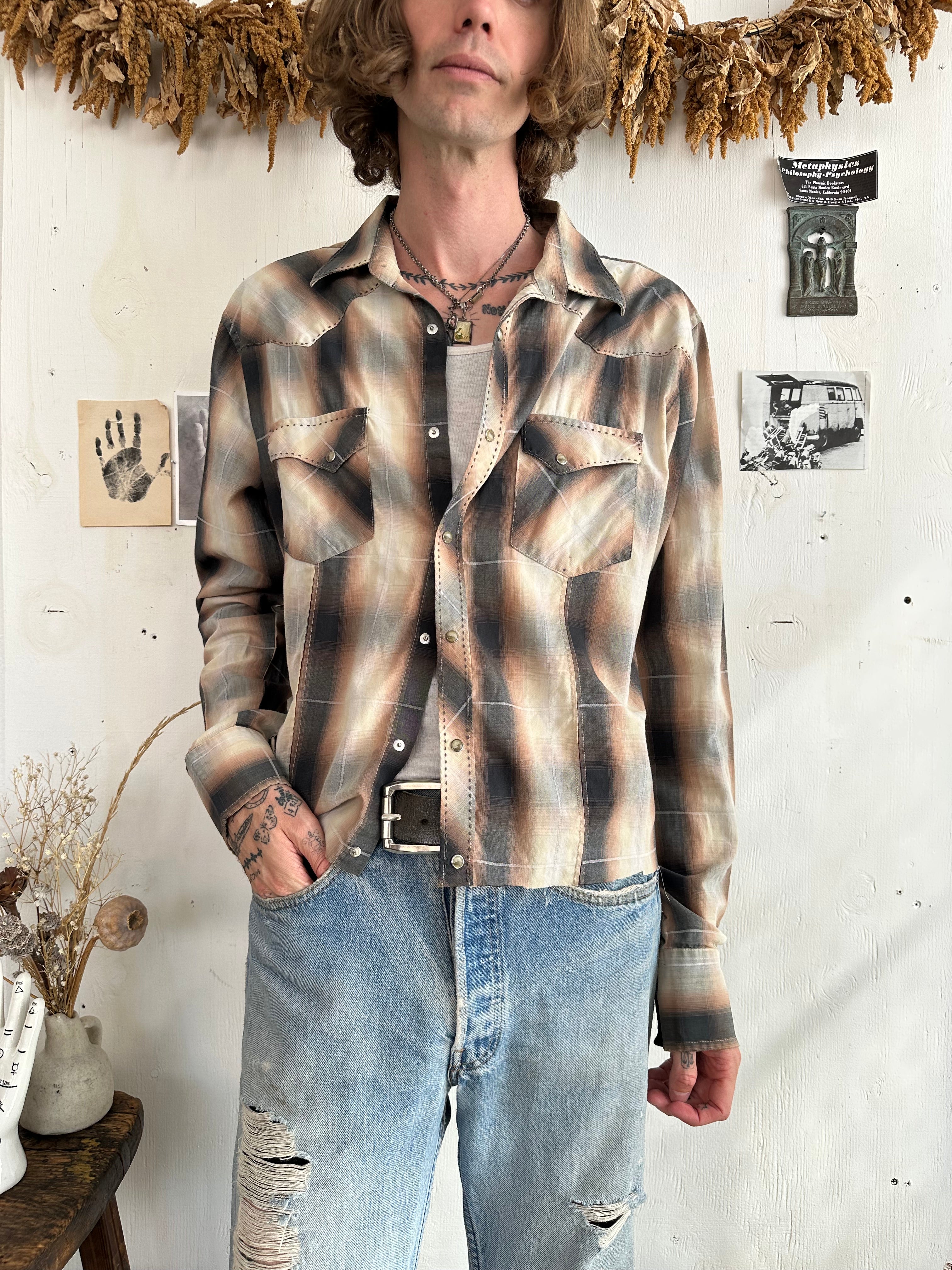 1990s Wrangler Shadow Plaid Snap Button Western Shirt (Boxy M/L)