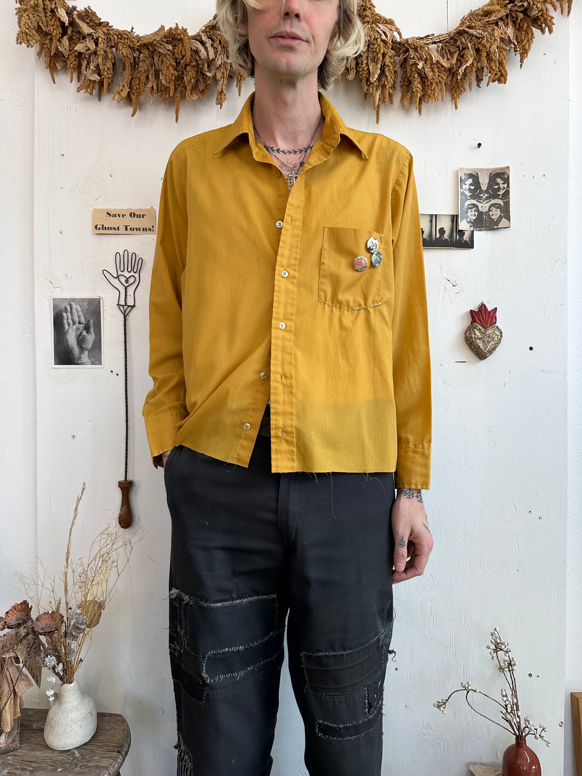 1960s Mustard Button Up W/ Repaired Pocket and Pins