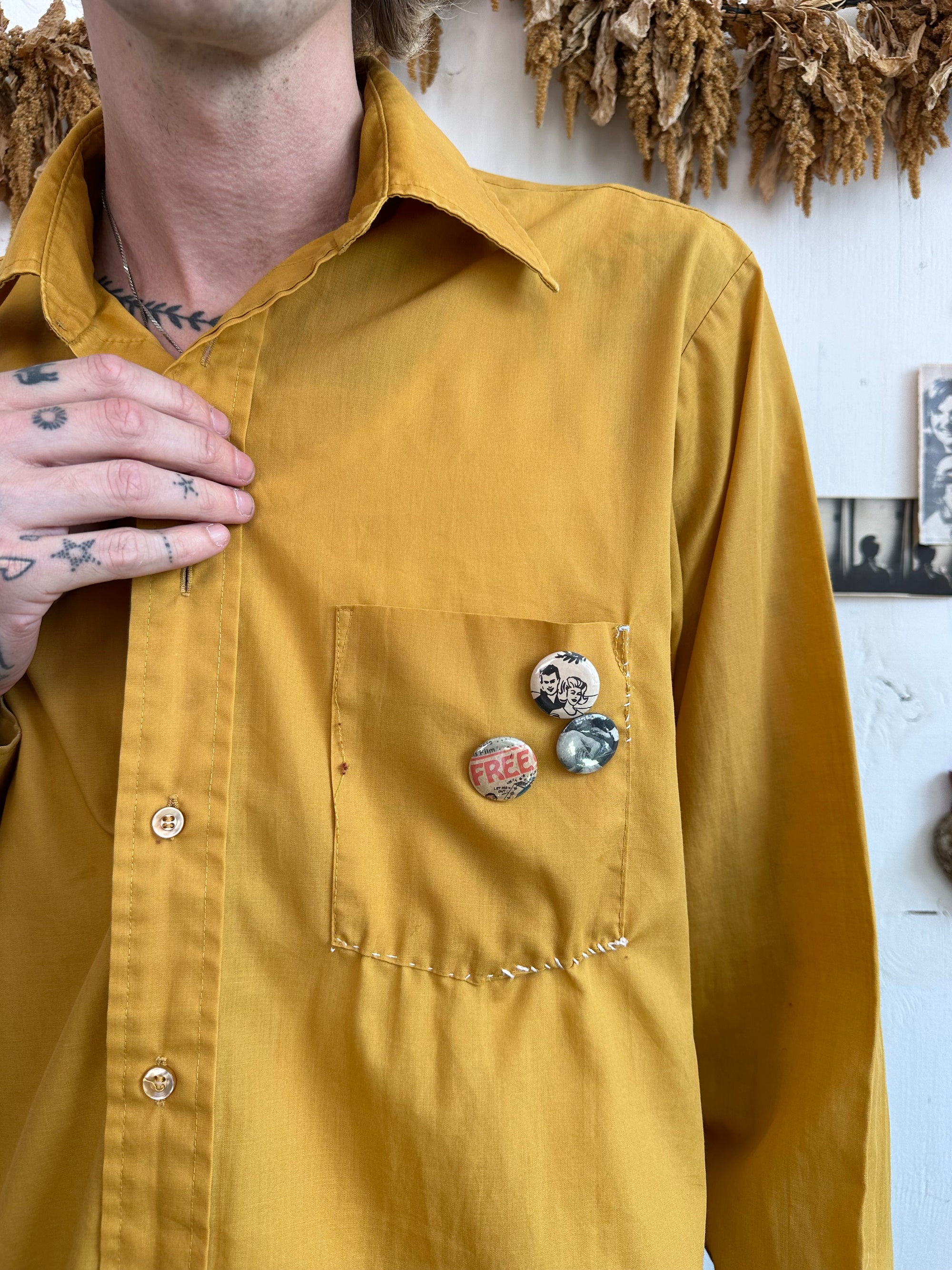 1960s Mustard Button Up W/ Repaired Pocket and Pins
