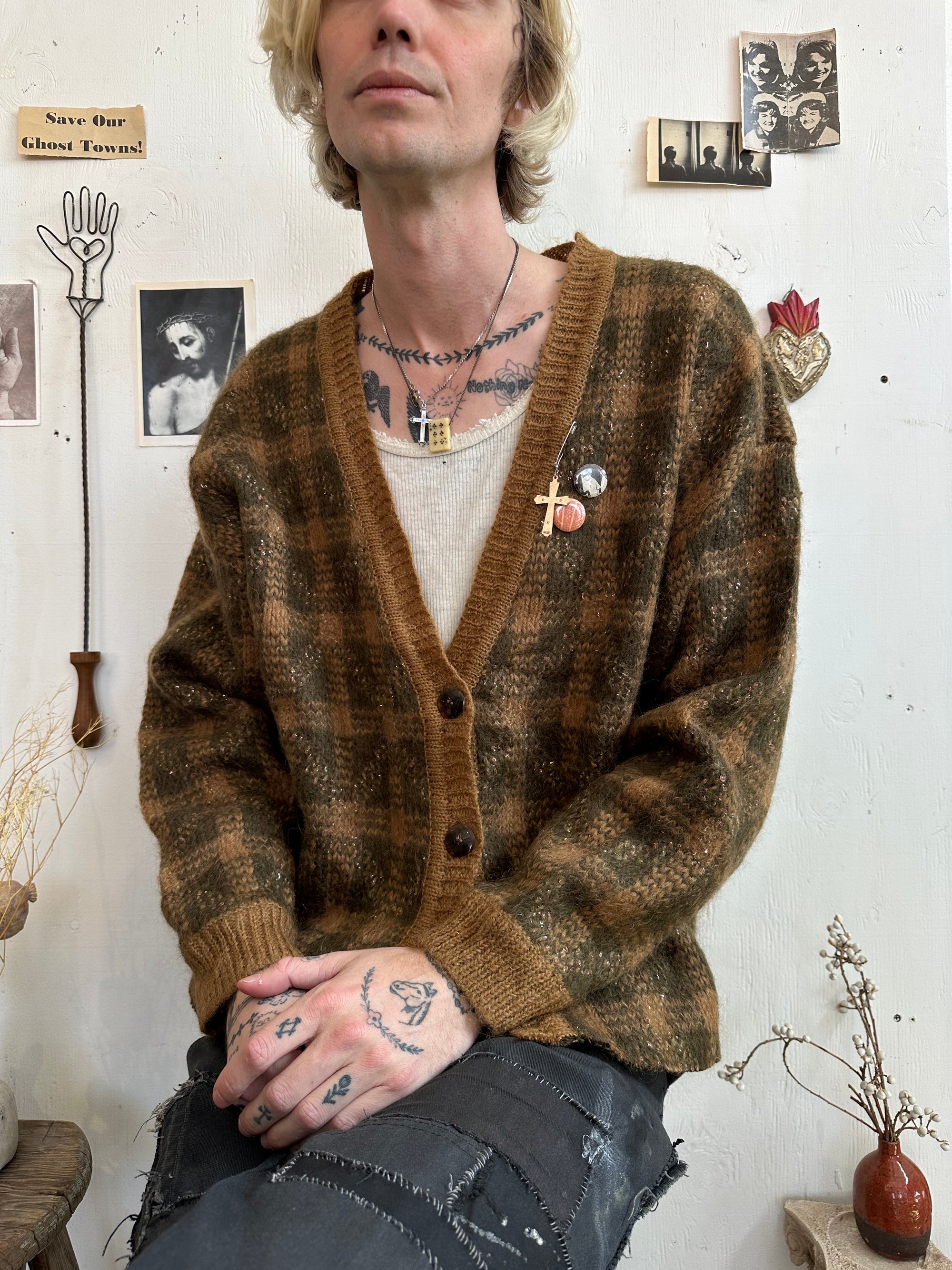 1980s Mohair Blend Plaid Cardigan W/ Pins