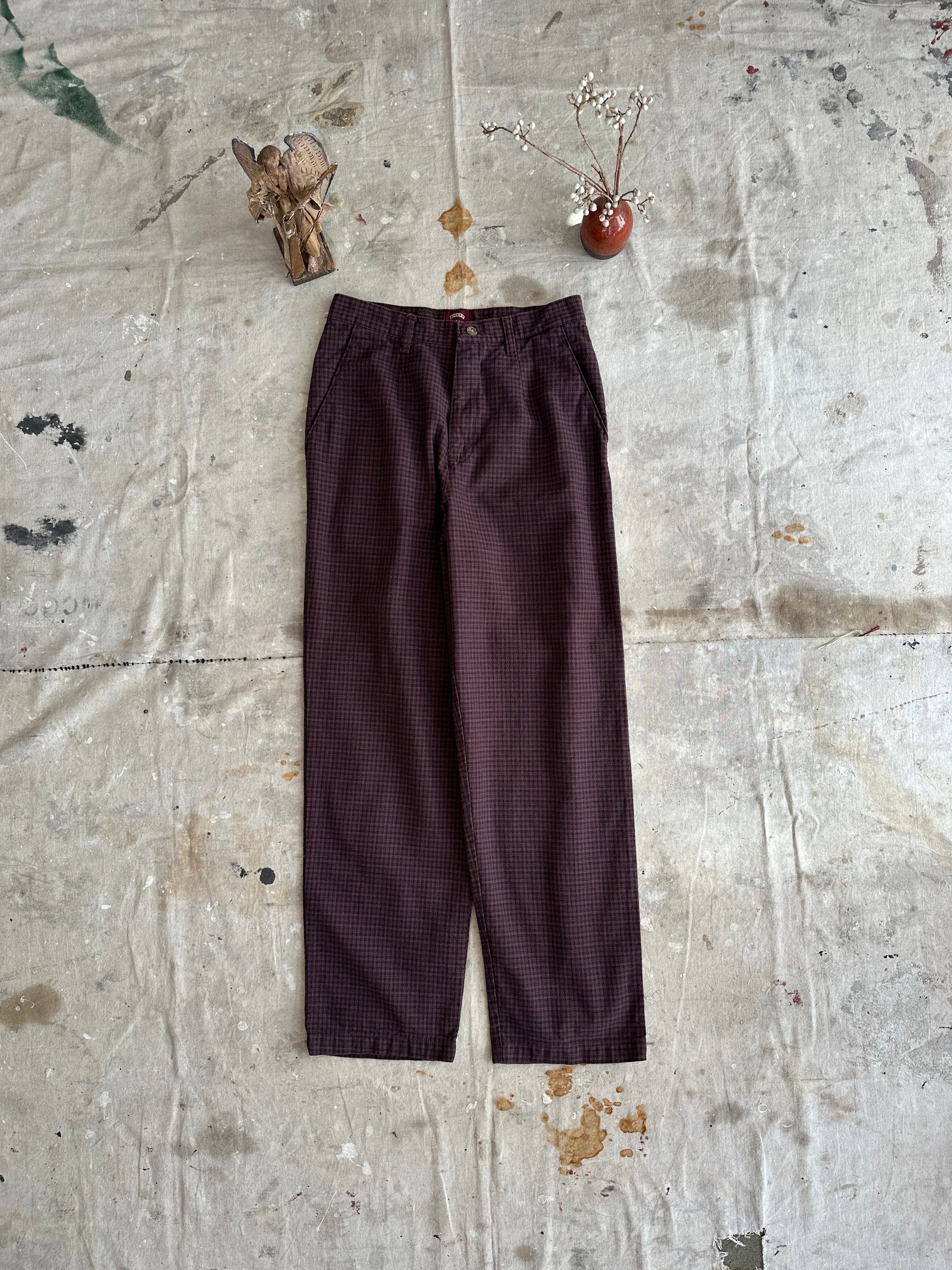 1990s Maroon Check-Plaid Cotton Trousers