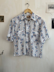 1980s Sheer Floral Snap Button Short Sleeve (Boxy M)