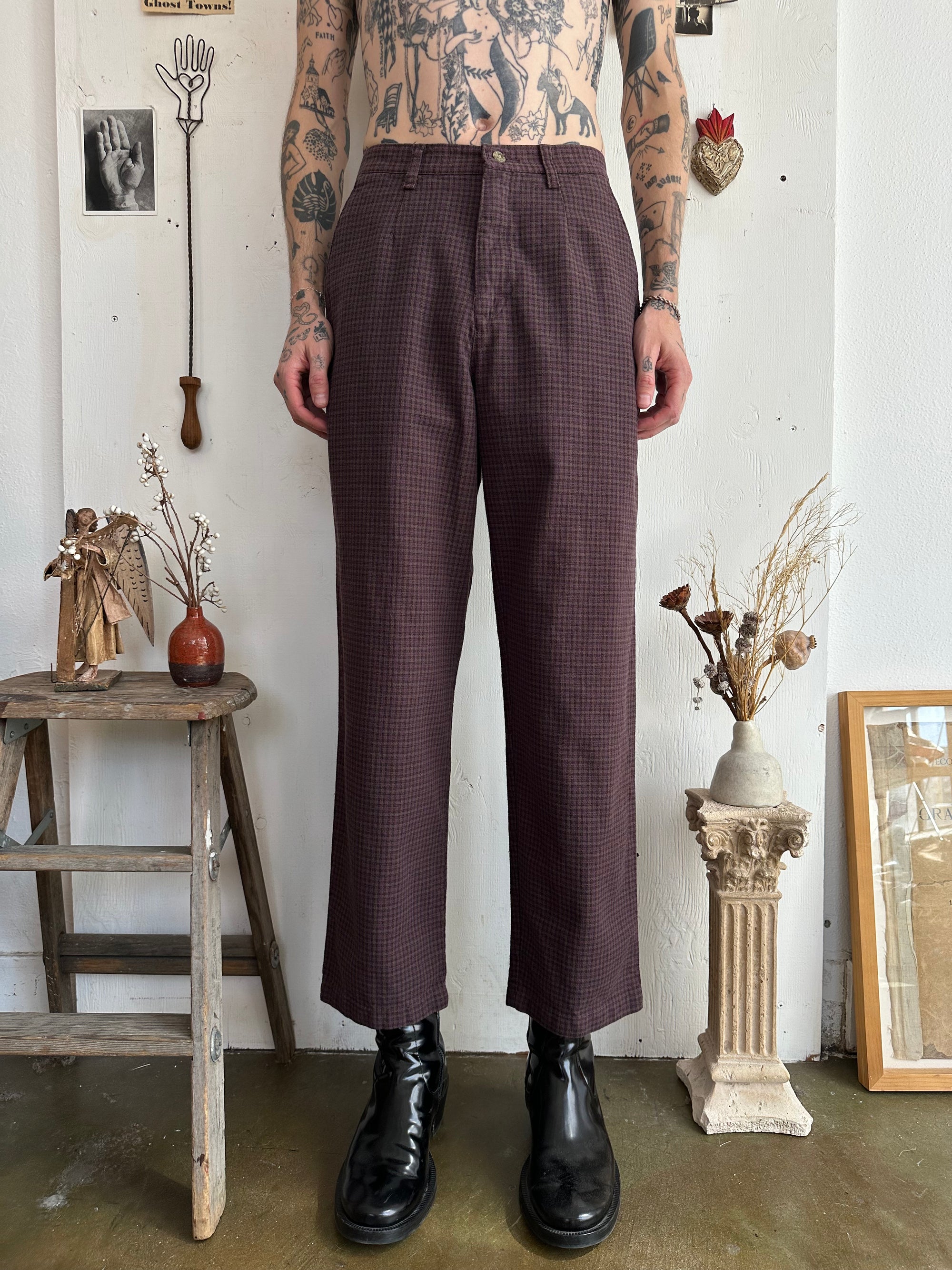 1990s Maroon Check-Plaid Cotton Trousers