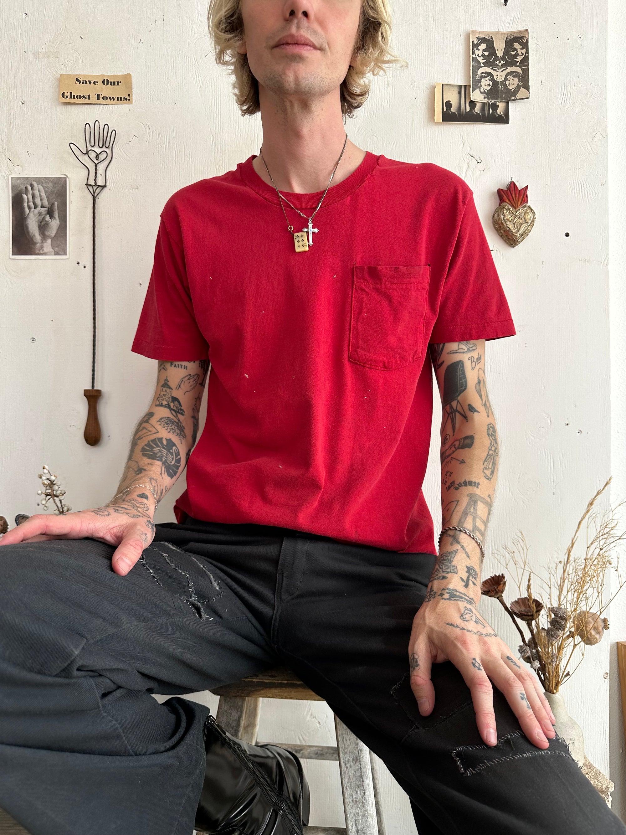 1980s Faded Pocket Tee W/ Small Paint Specks