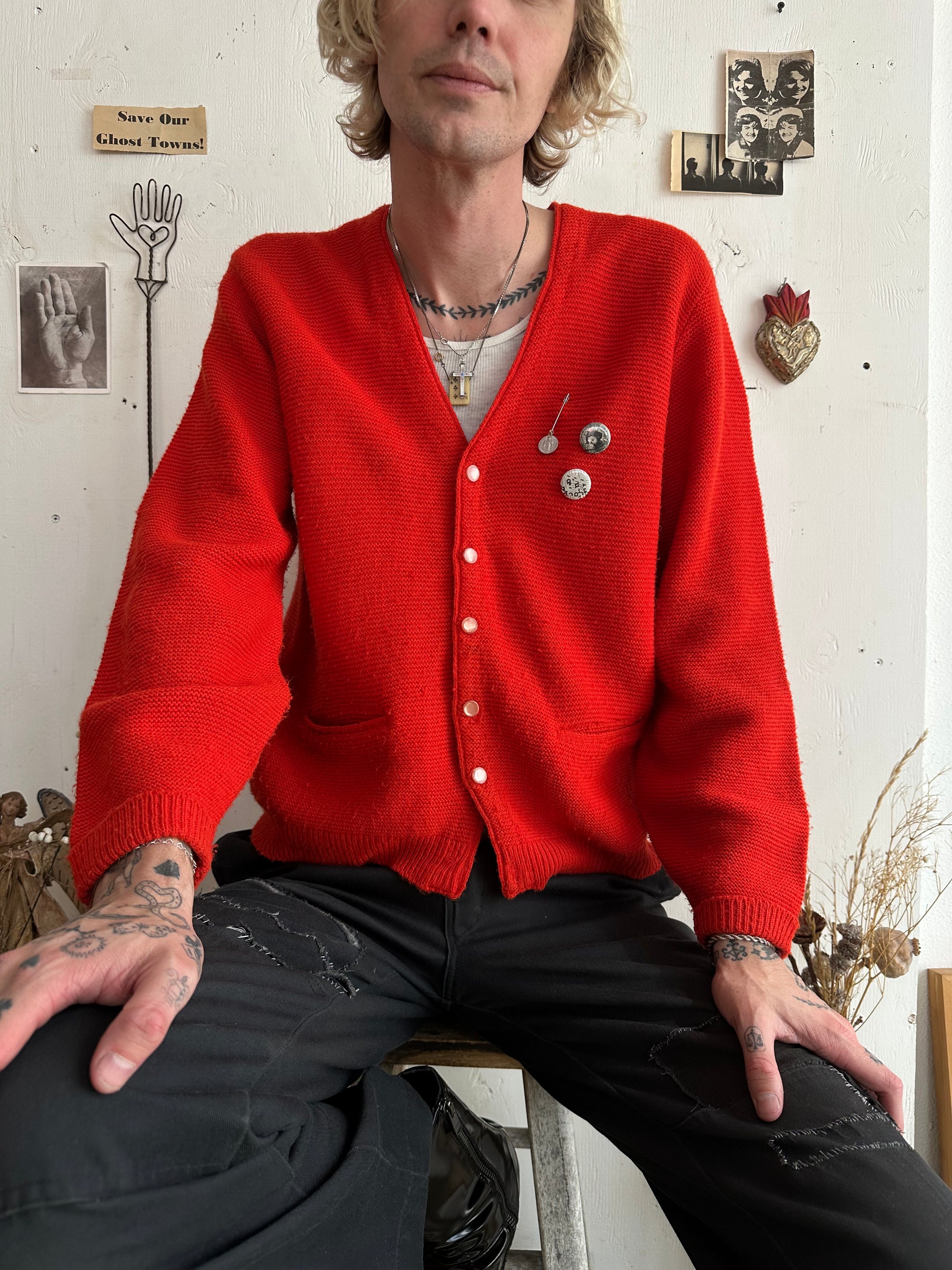 1980s Red Wool Cardigan W/ Pins