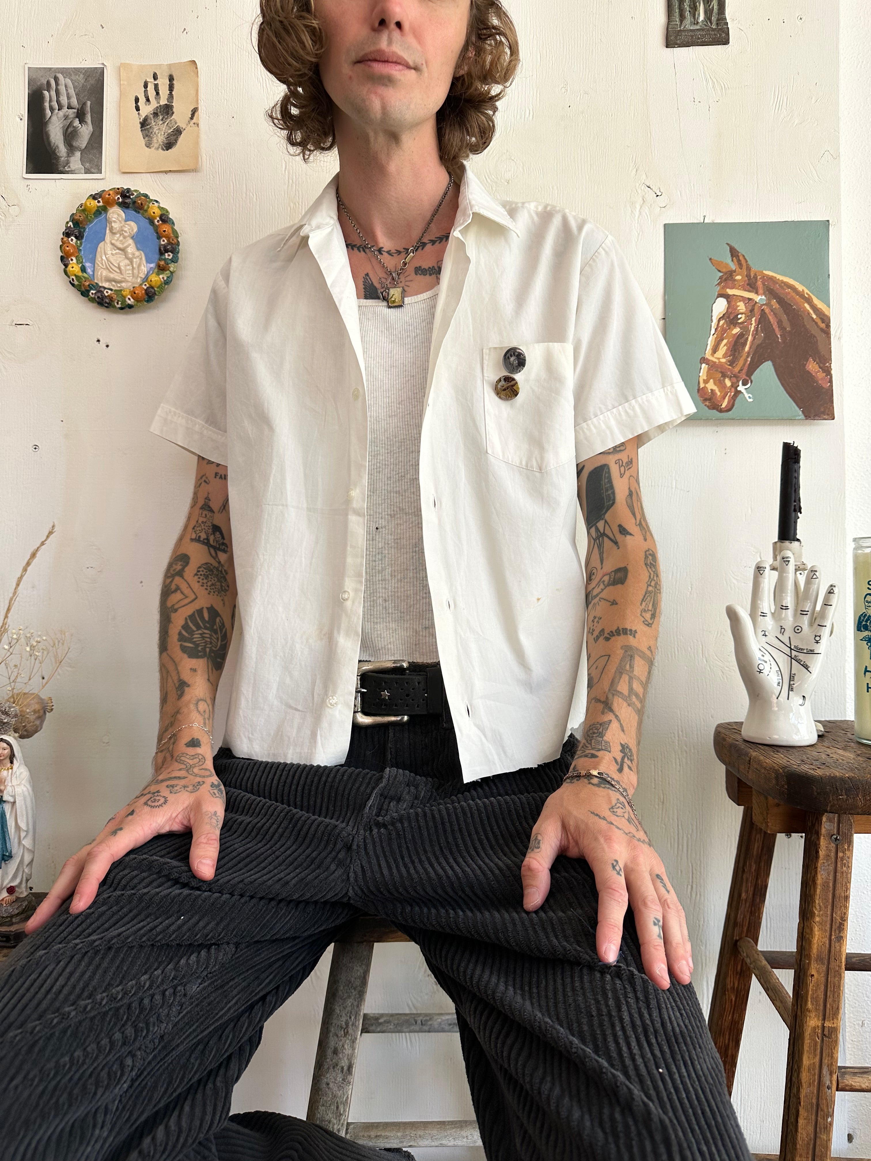 1960s Chopped Button Up W/ Pins (Boxy S/M)