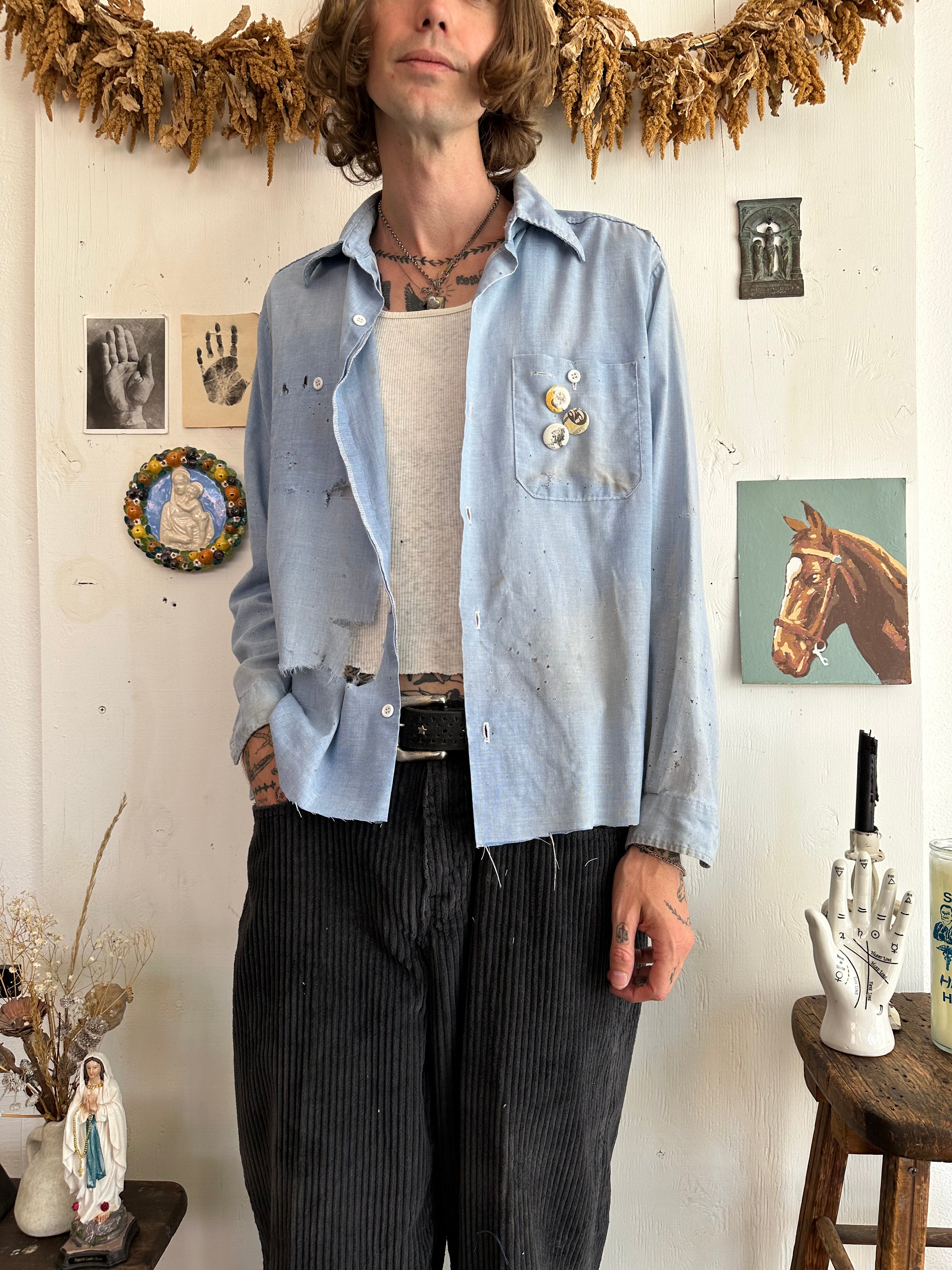 1970s Thrashed Work Shirt W/ Pins (Boxy M)