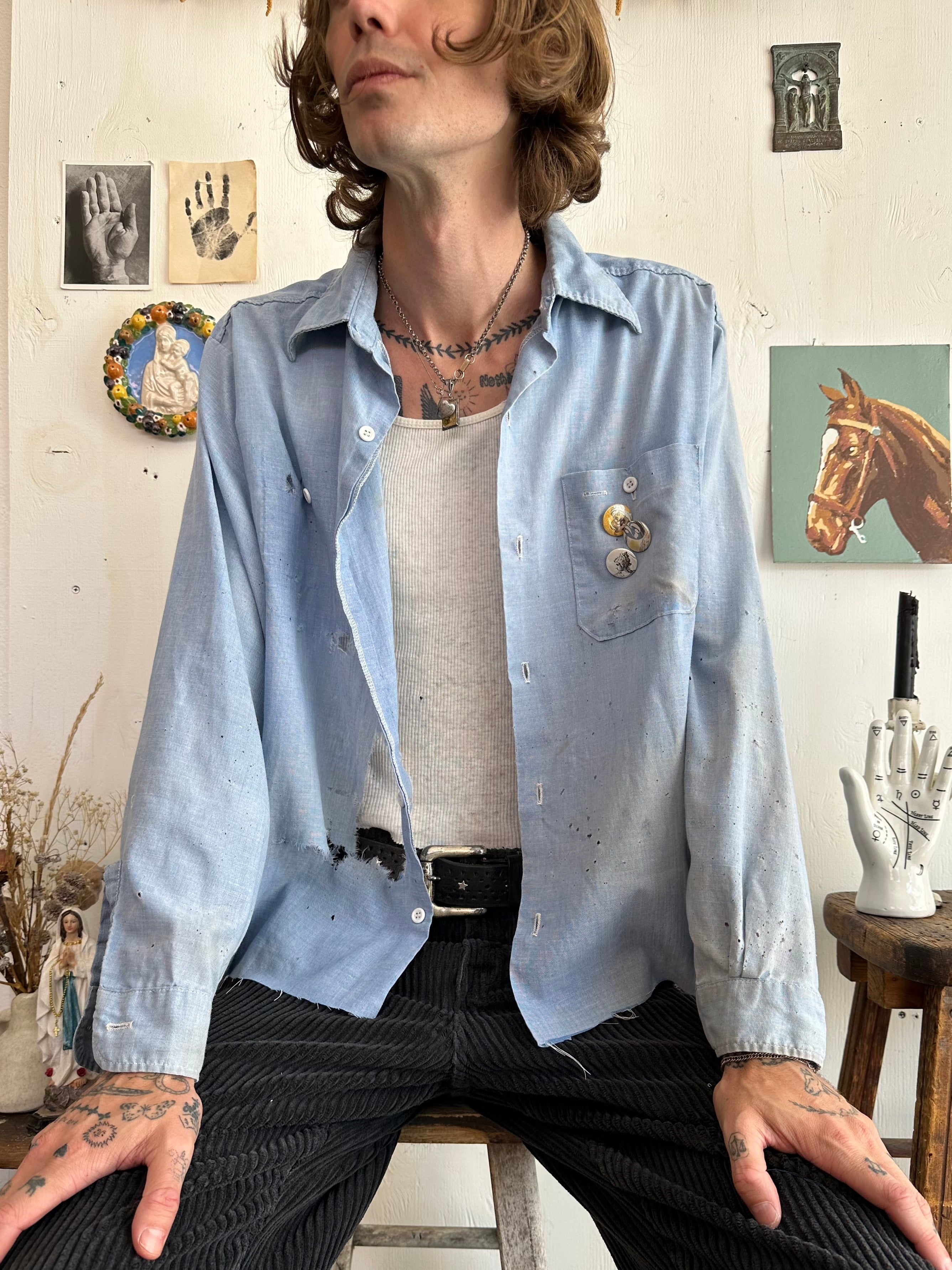 1970s Thrashed Work Shirt W/ Pins (Boxy M)