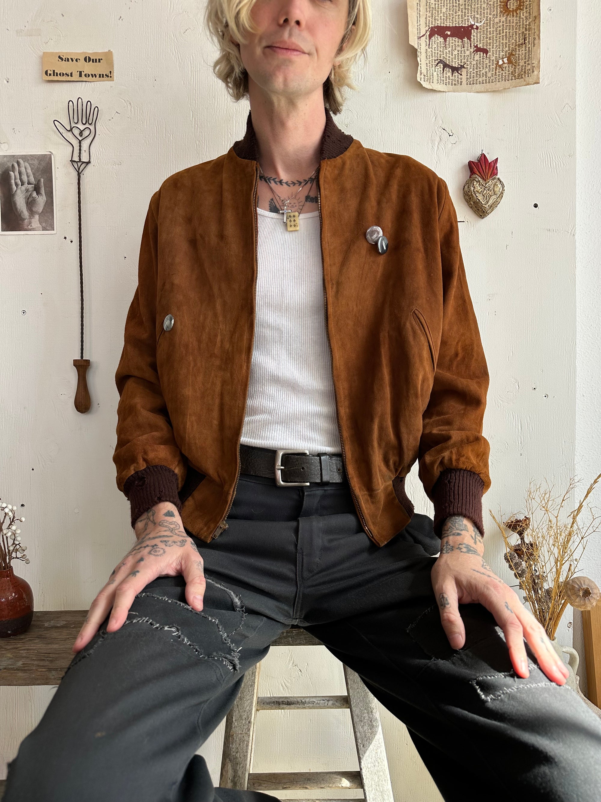 1950s Perfectly Worn Suede Bomber W/ Pins