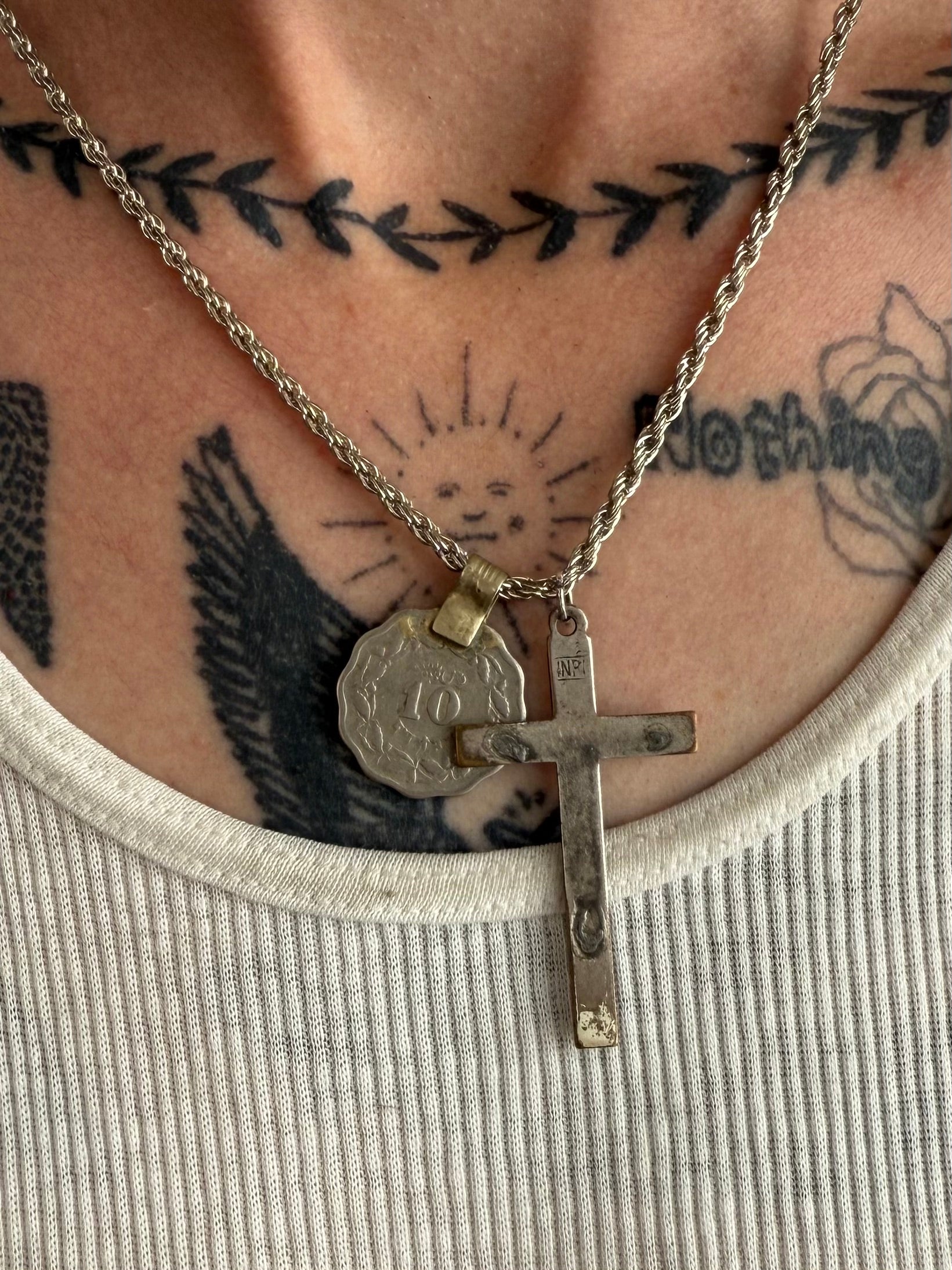 Vintage Cross and Coin Double Pendant Necklace (18")